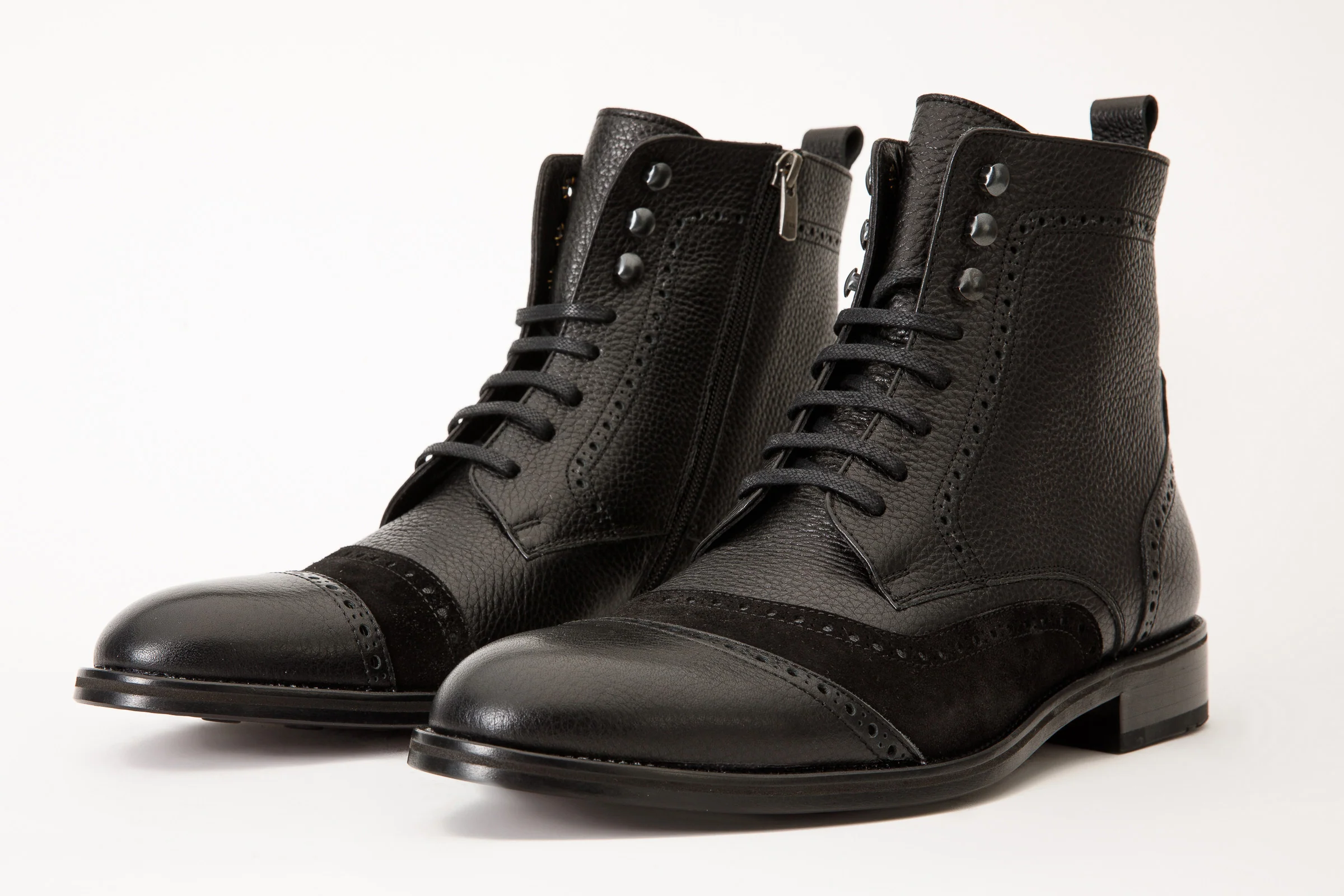 The Anderson Black Leather & Suede Brogue Lace-Up Men Boot with a Zipper - Image 2