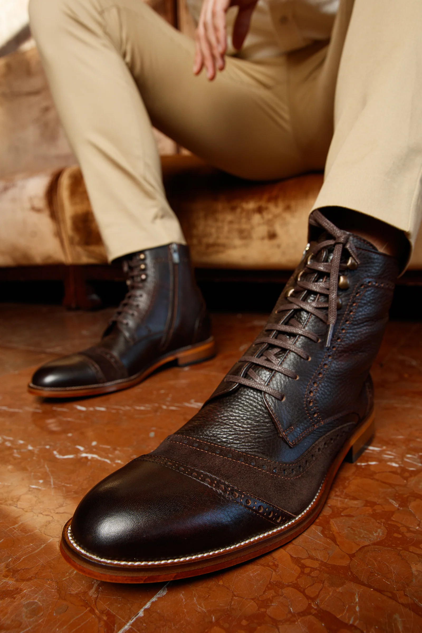 The Anderson Brown Leather & Suede Brogue Lace-Up Men Boot with a Zipper - Image 4