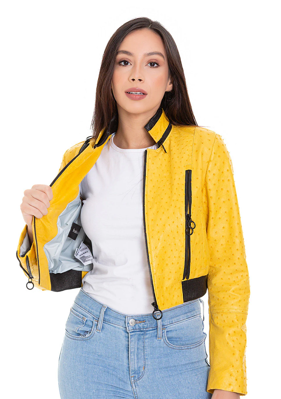 Comly Yellow Ostrich Leather Women Jacket - Image 4
