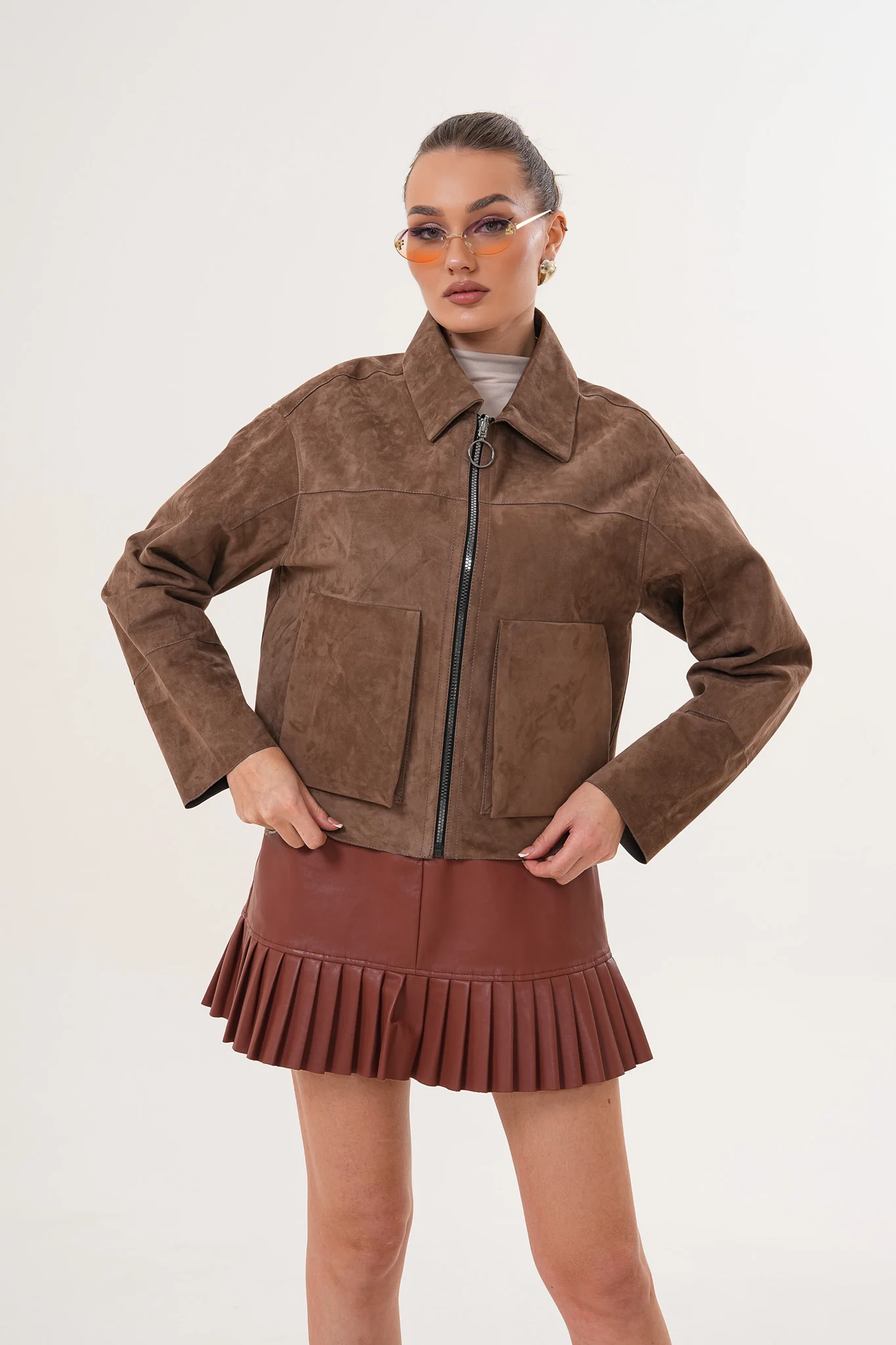 Elvoria Reversible Leather Jacket – Taupe / Suede Brown - Image 5