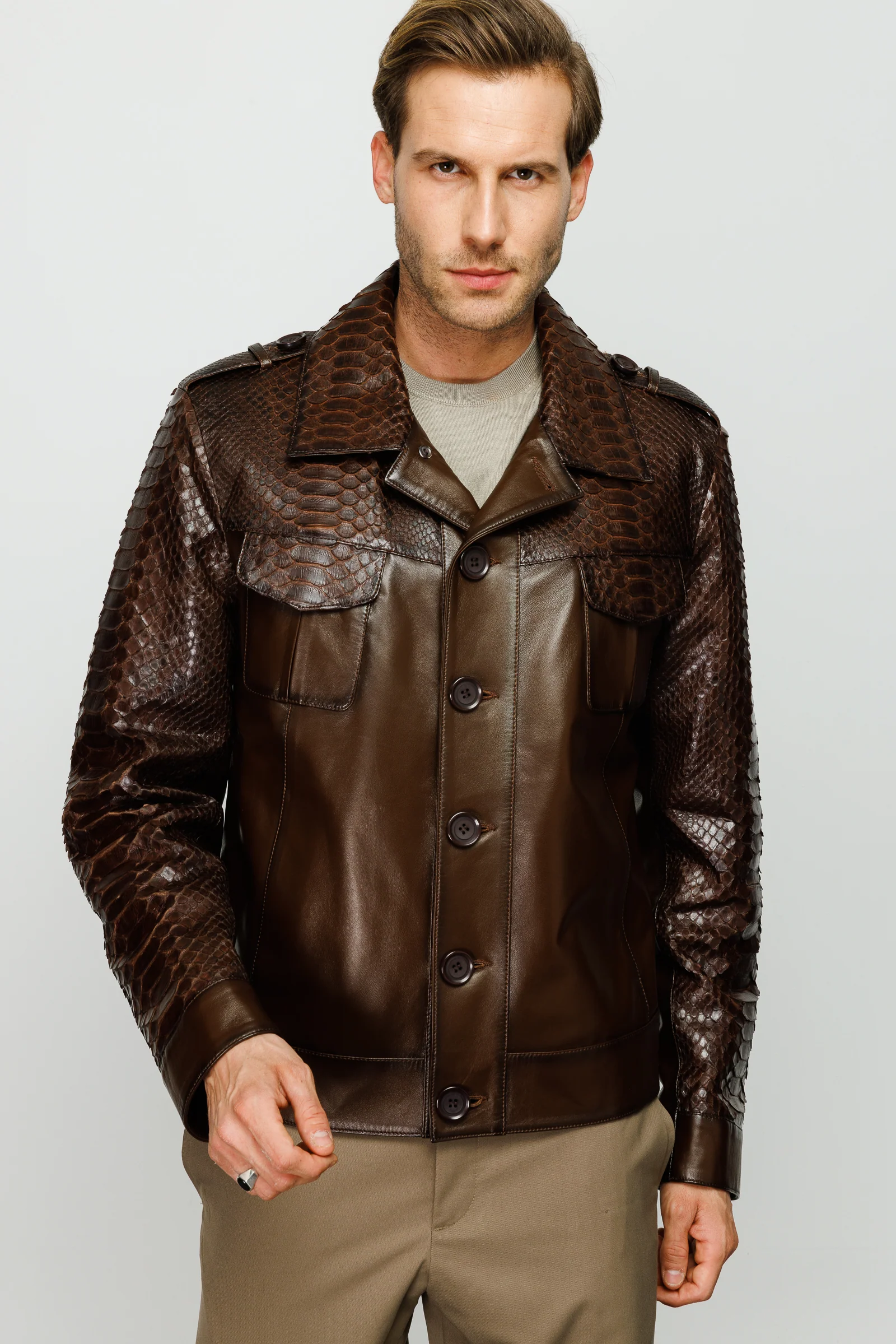 The Manteca Pythn Skin Brown Leather Men Jacket - Image 7