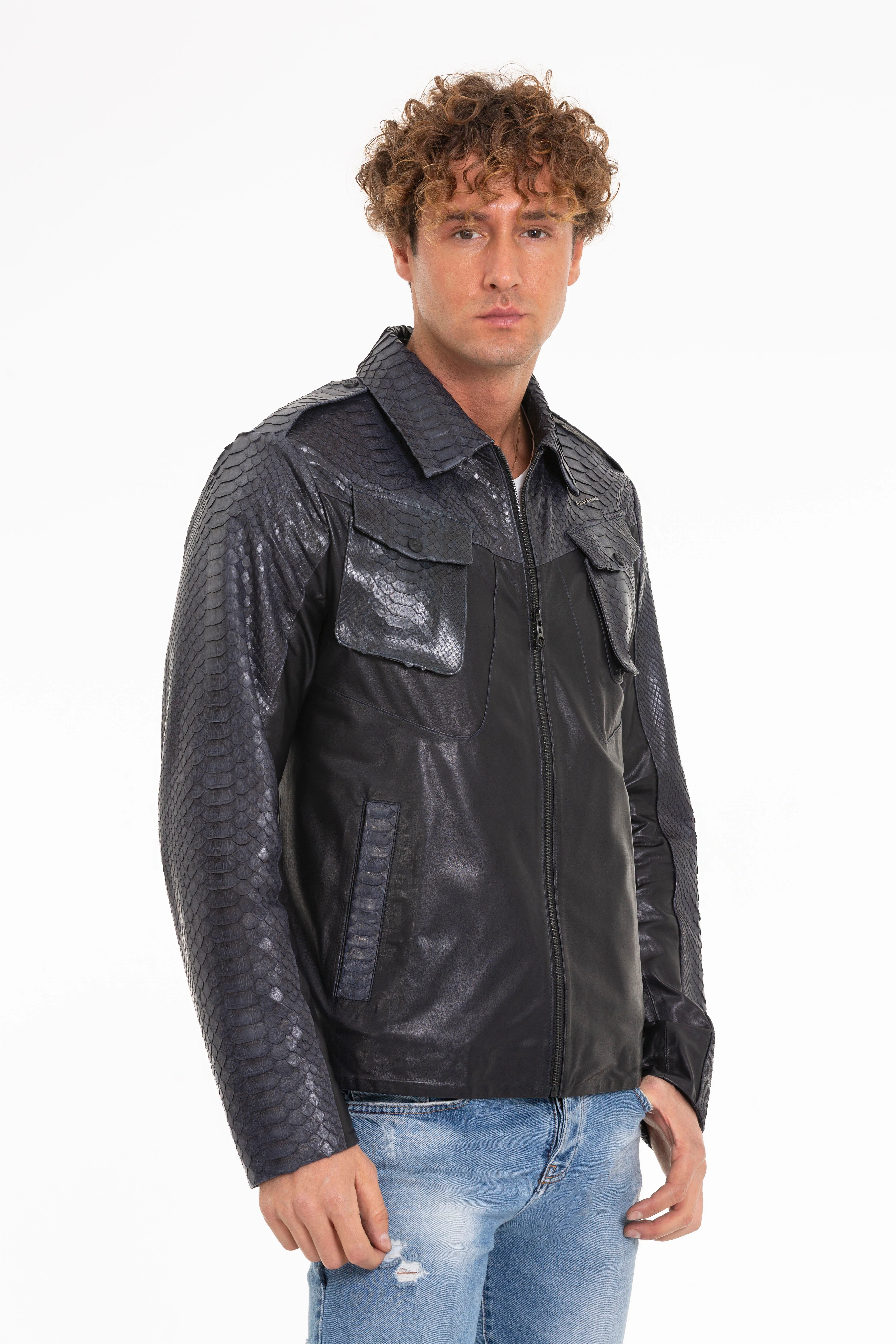 The Agron Pythn Navy Blue Leather Men Jacket - Image 4