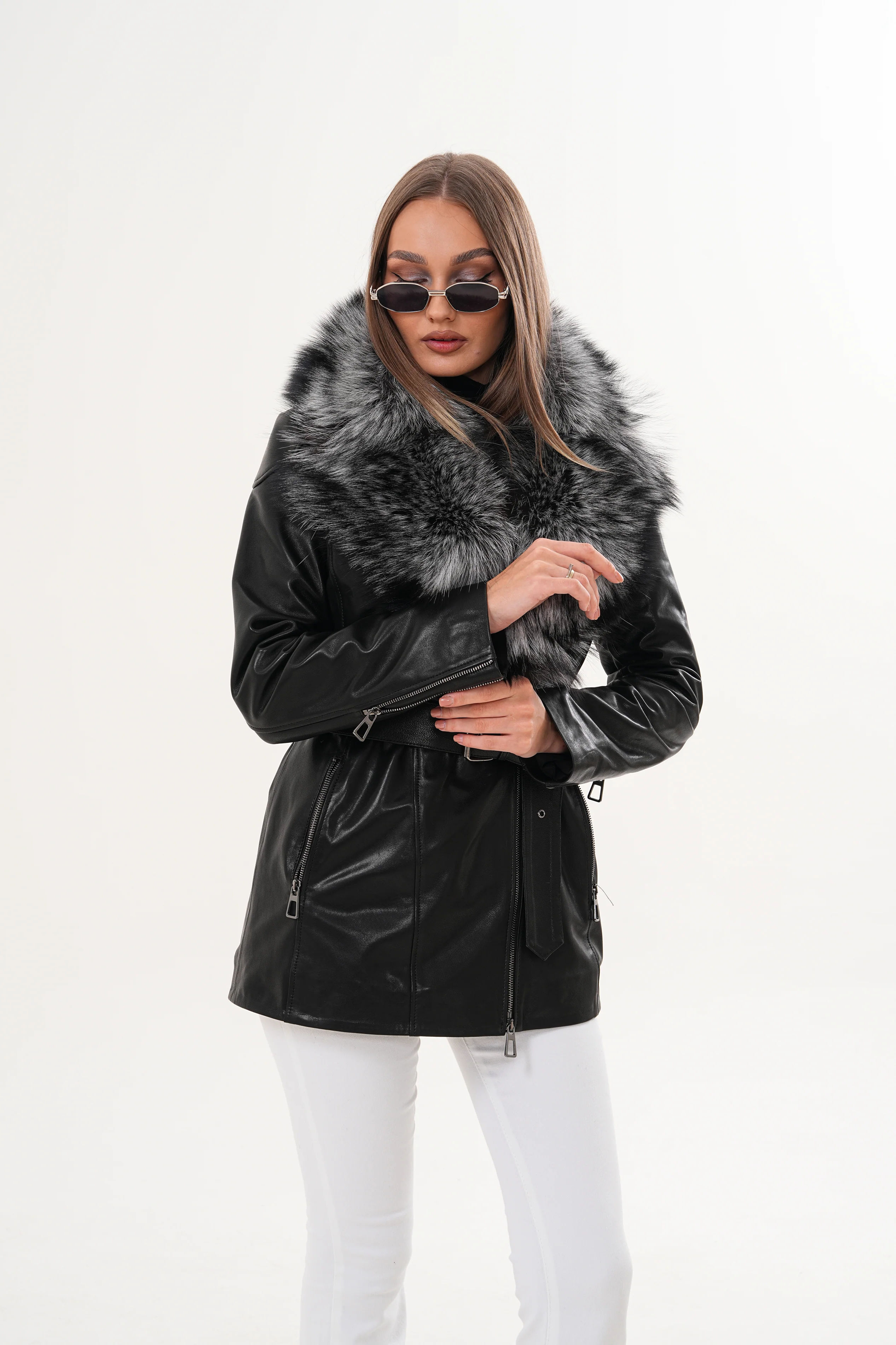 The Alessia Black Leather & Fox Fur Women Jacket - Image 17