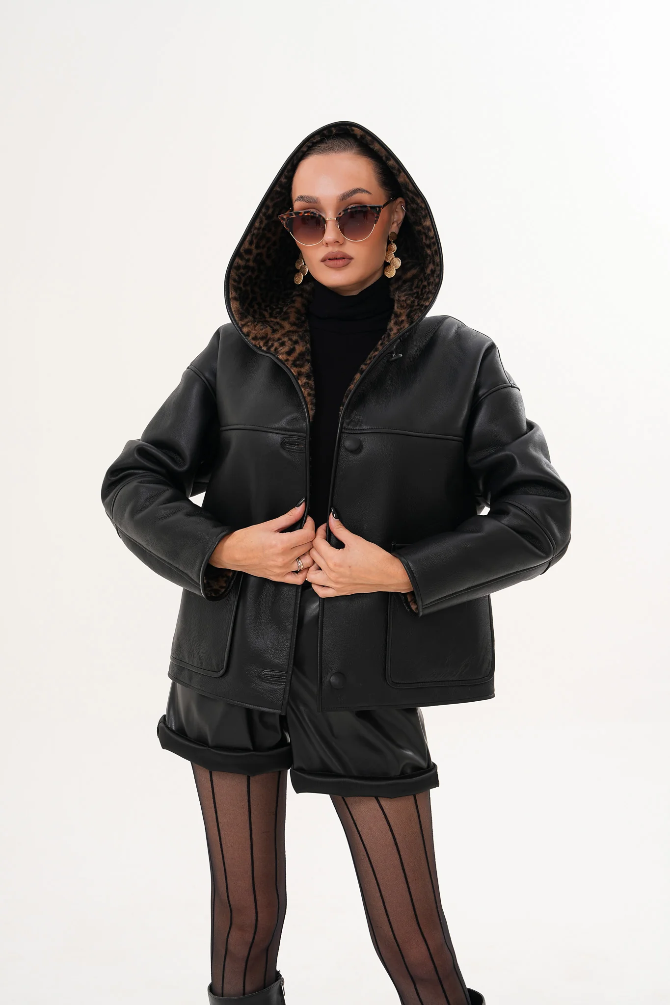 The Arlena Black & Leopard Shearling Leather Women Jacket
