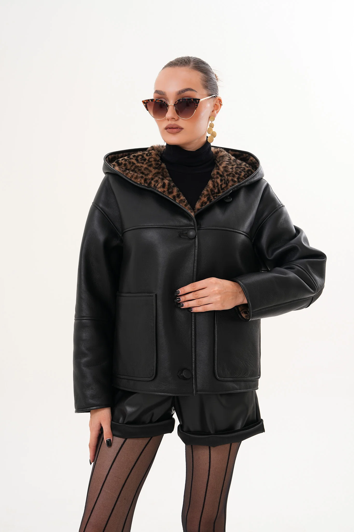 The Arlena Black & Leopard Shearling Leather Women Jacket - Image 12