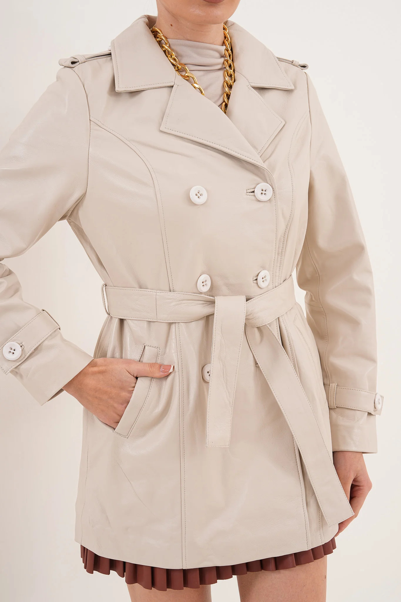 The Caelith Light Beige Leather Women Trench Jacket - Image 2