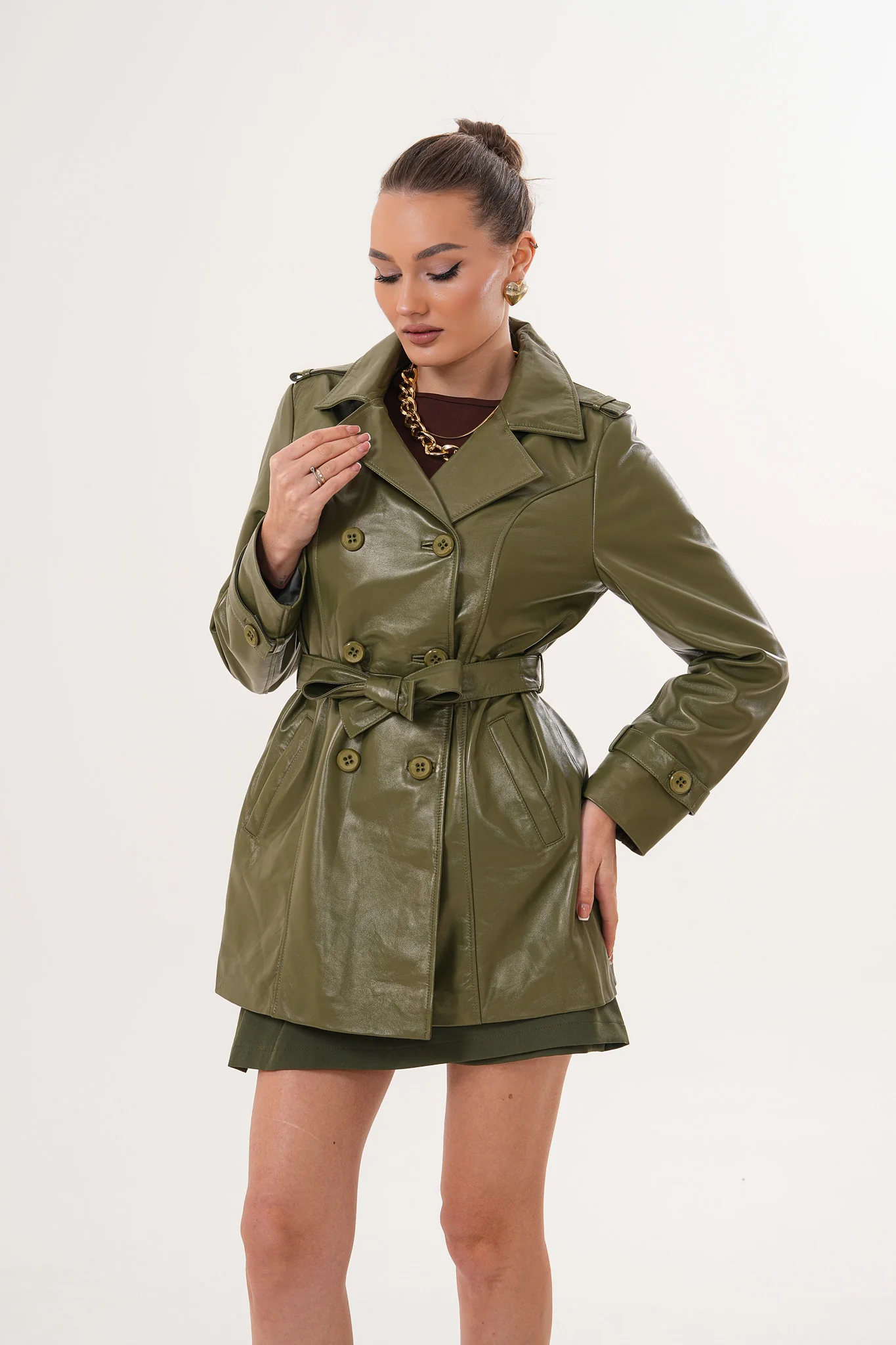 The Caelith Olive Green Leather Women Trench Jacket