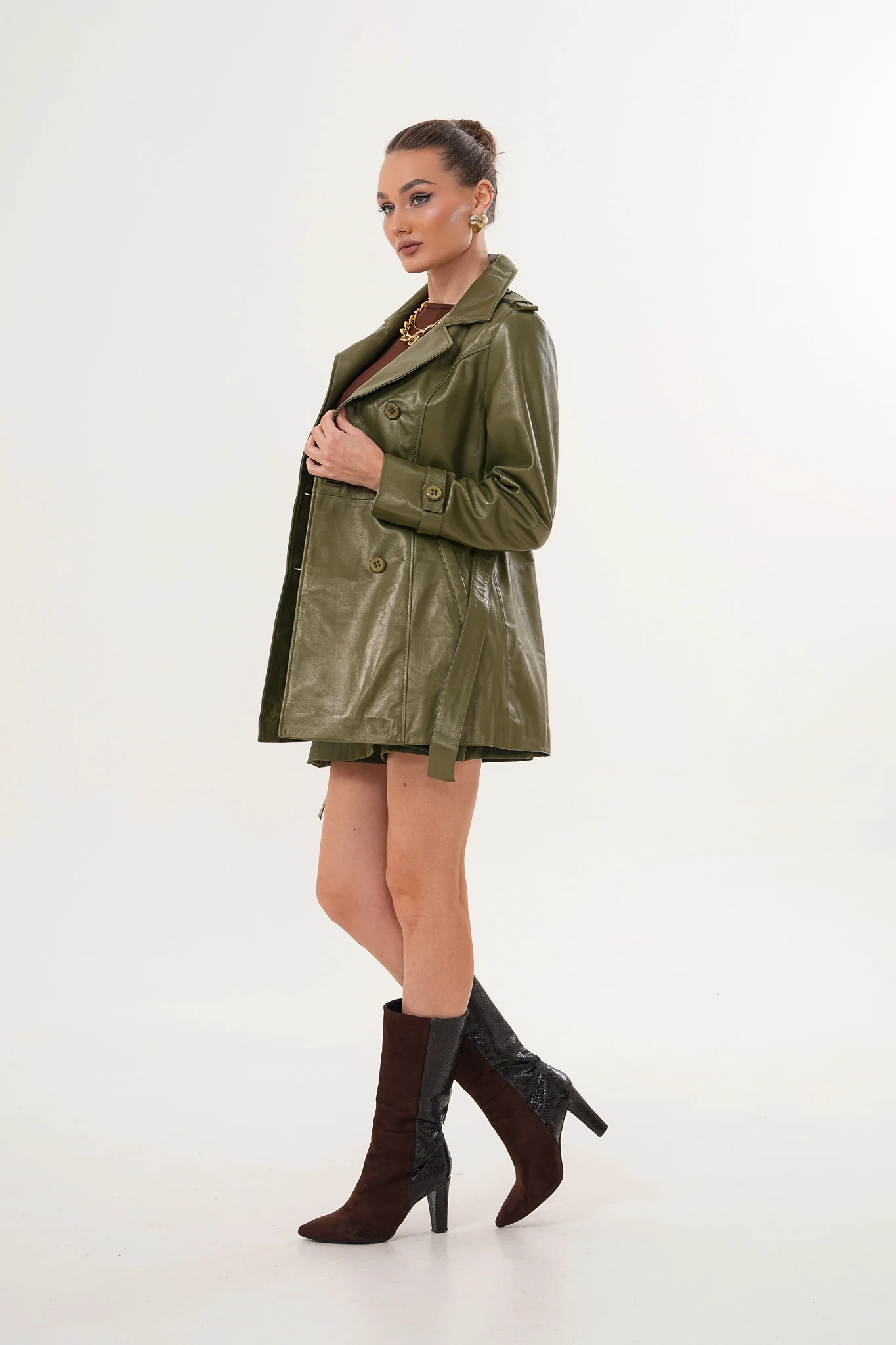 The Caelith Olive Green Leather Women Trench Jacket - Image 7