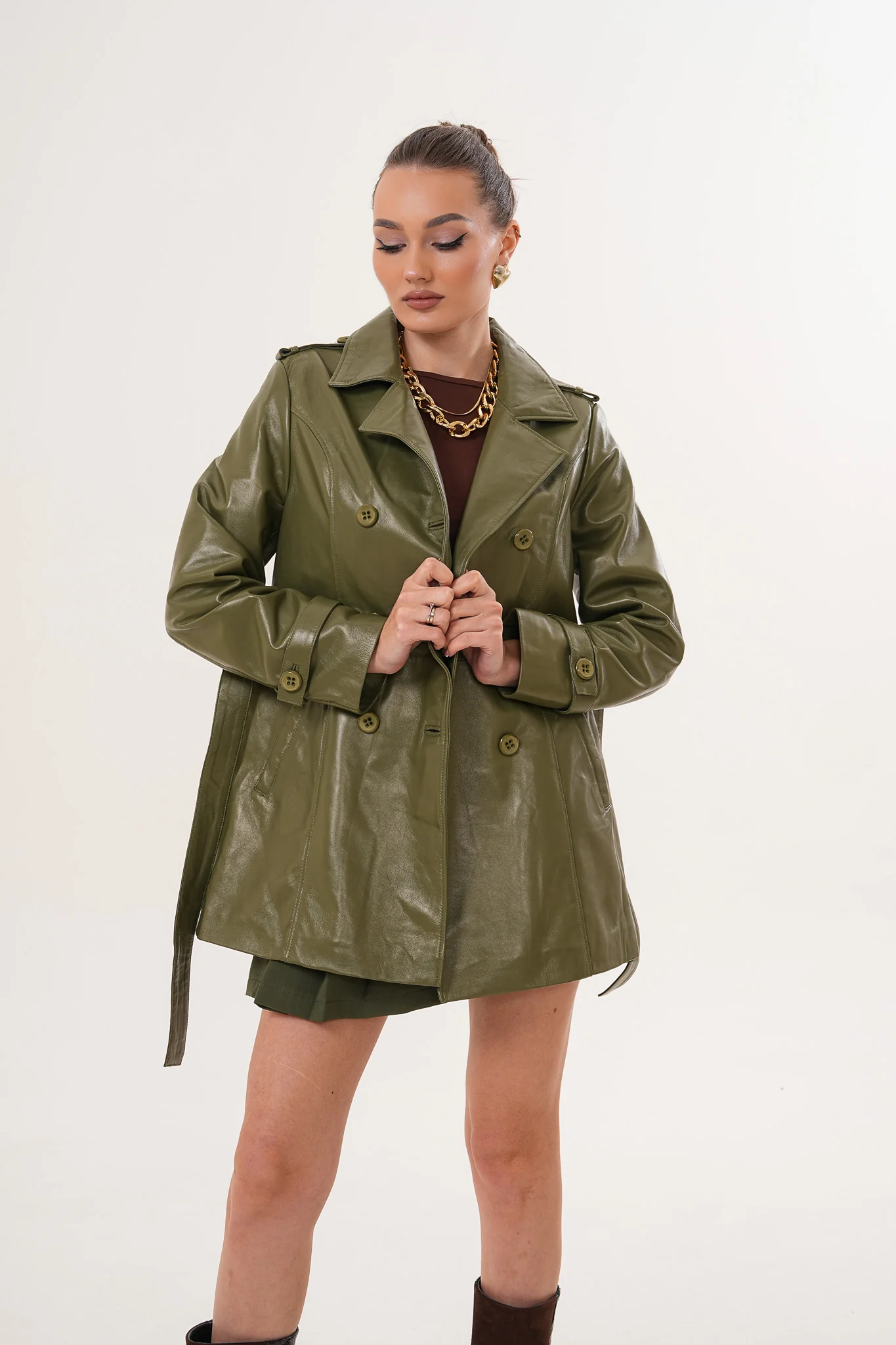 The Caelith Olive Green Leather Women Trench Jacket - Image 9
