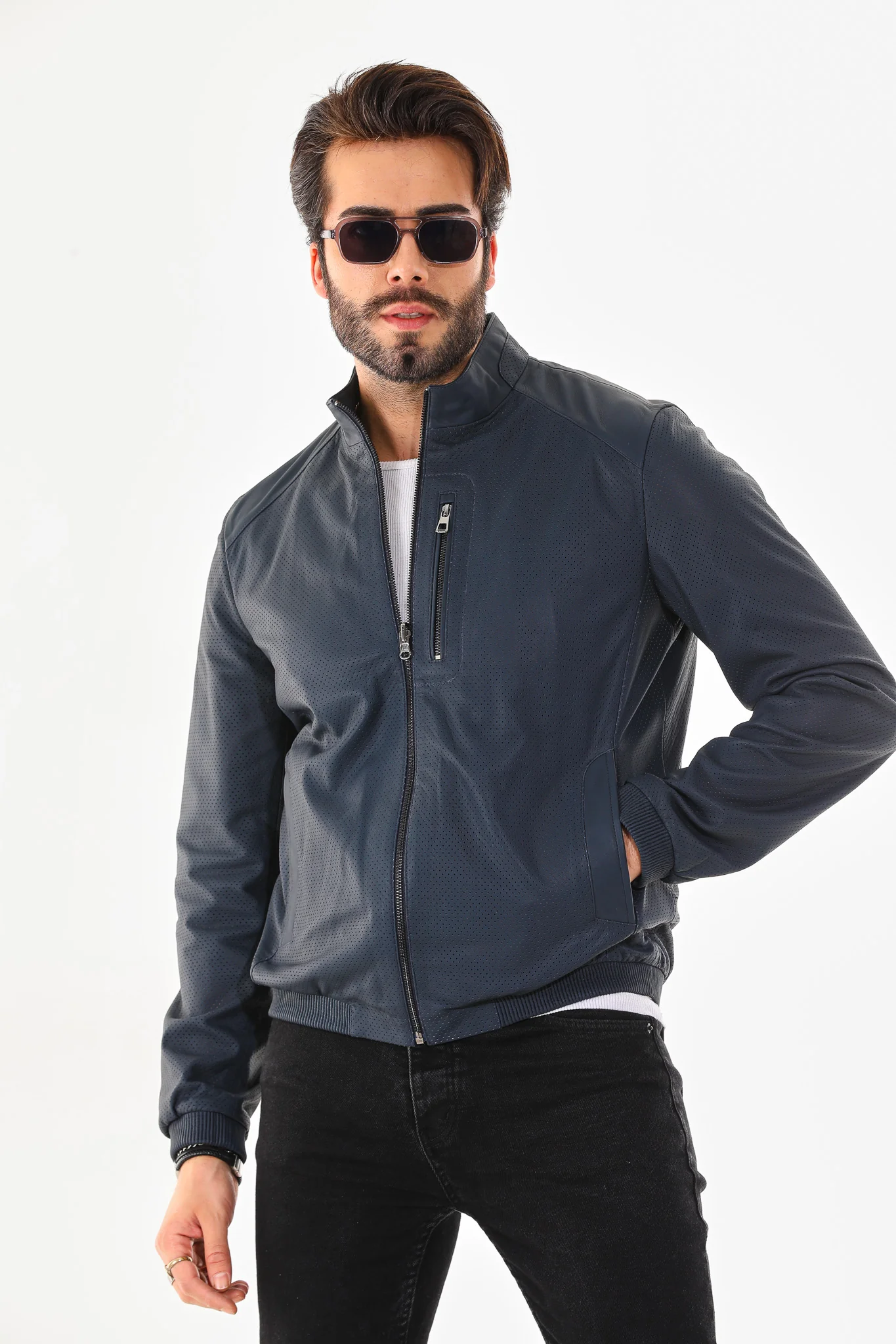 The Como Navy Blue Leather Bomber Jacket - Image 11
