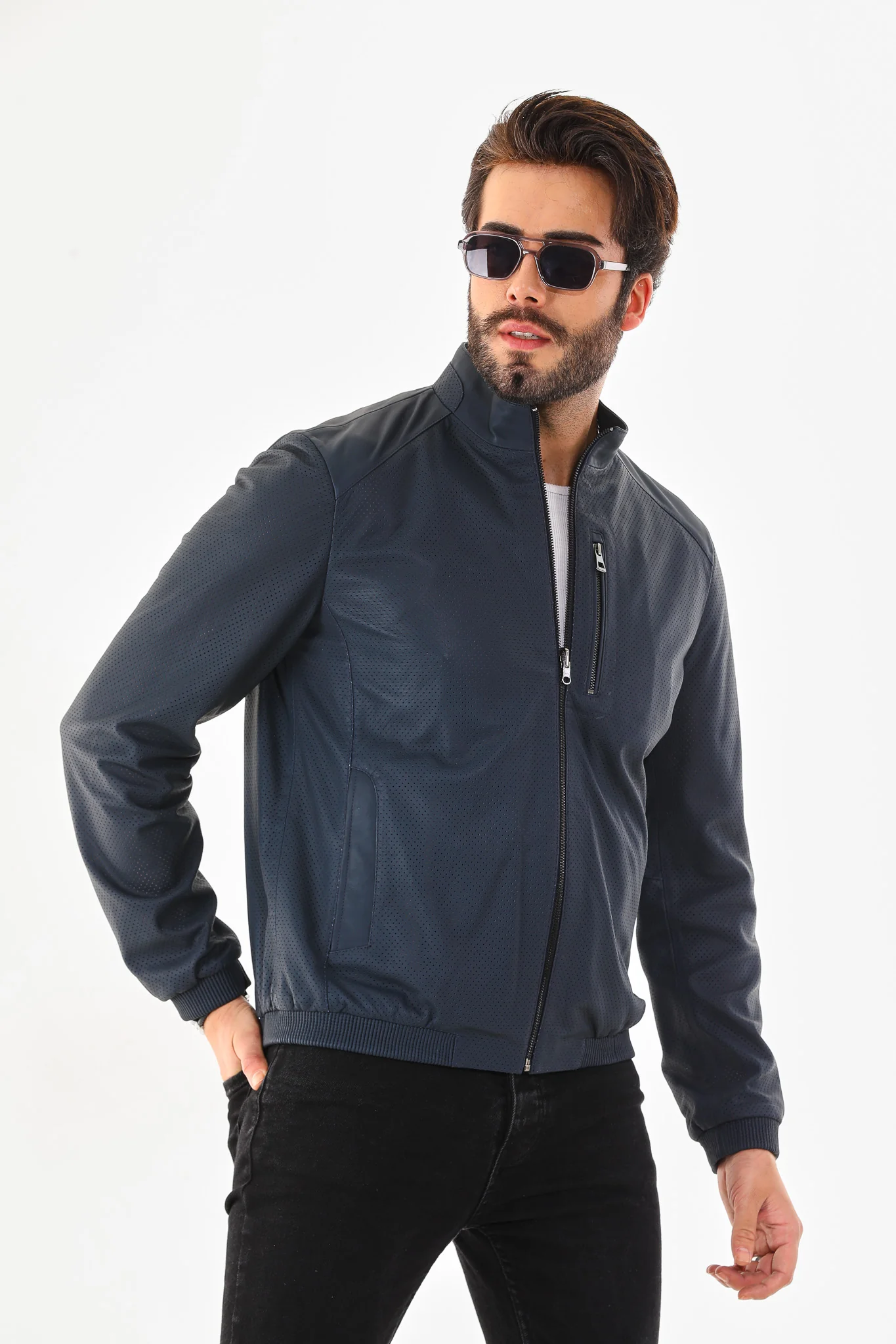 The Como Navy Blue Leather Bomber Jacket - Image 6