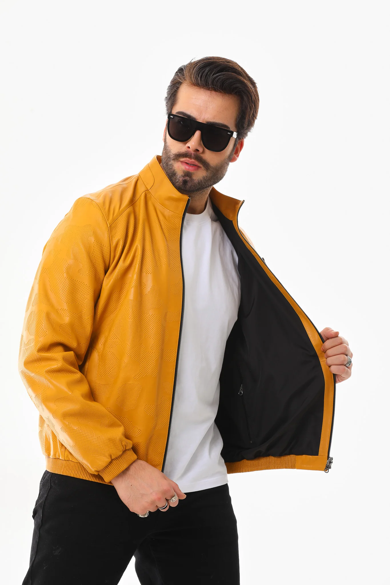 The Como Reversible Mustard Yellow & Black Leather Bomber Jacket - Image 5