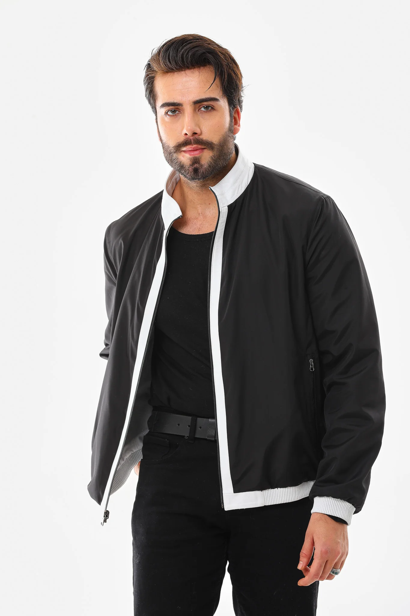 The Como Reversible White & Black Leather Bomber Jacket - Image 10