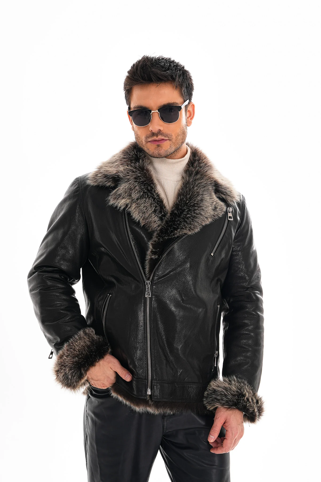 The Cortina Black Shearling Leather Men Jacket - Image 9
