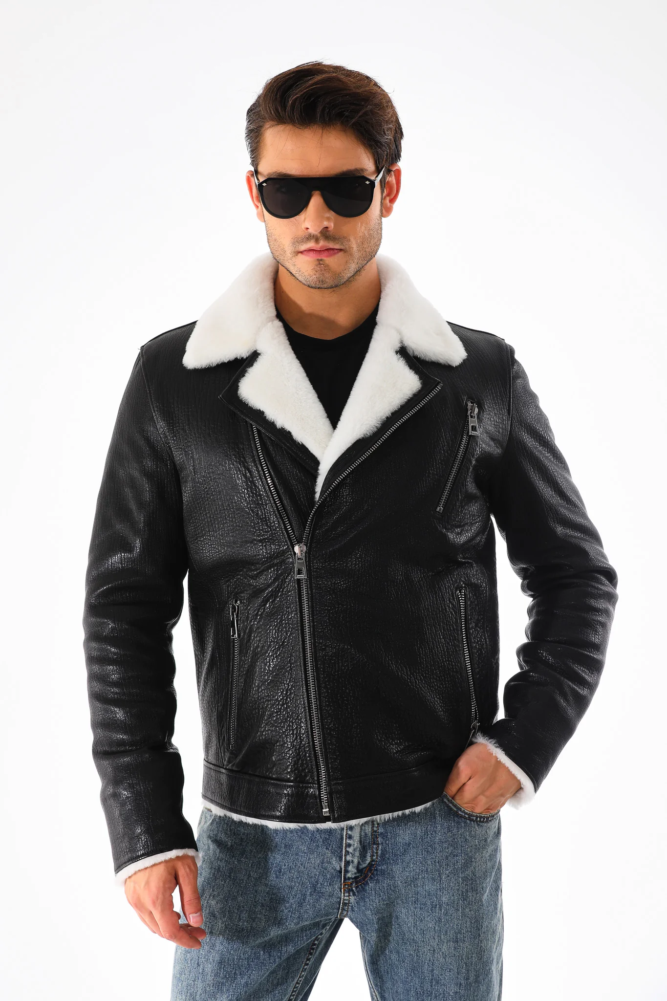 The Cortina Black Shearling Leather Men Jacket - Image 8