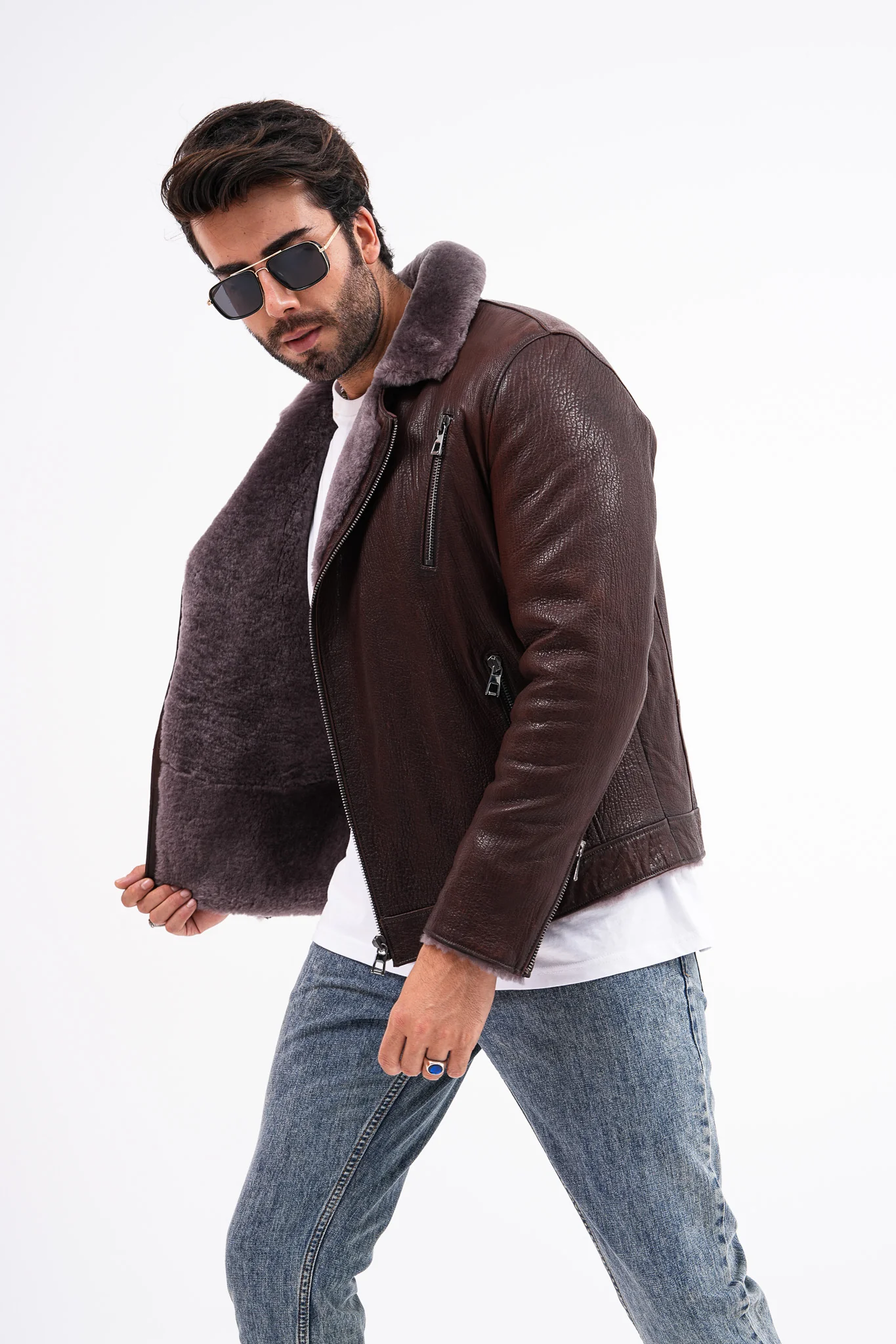 The Cortina Brown Shearling Leather Men Jacket - Image 9