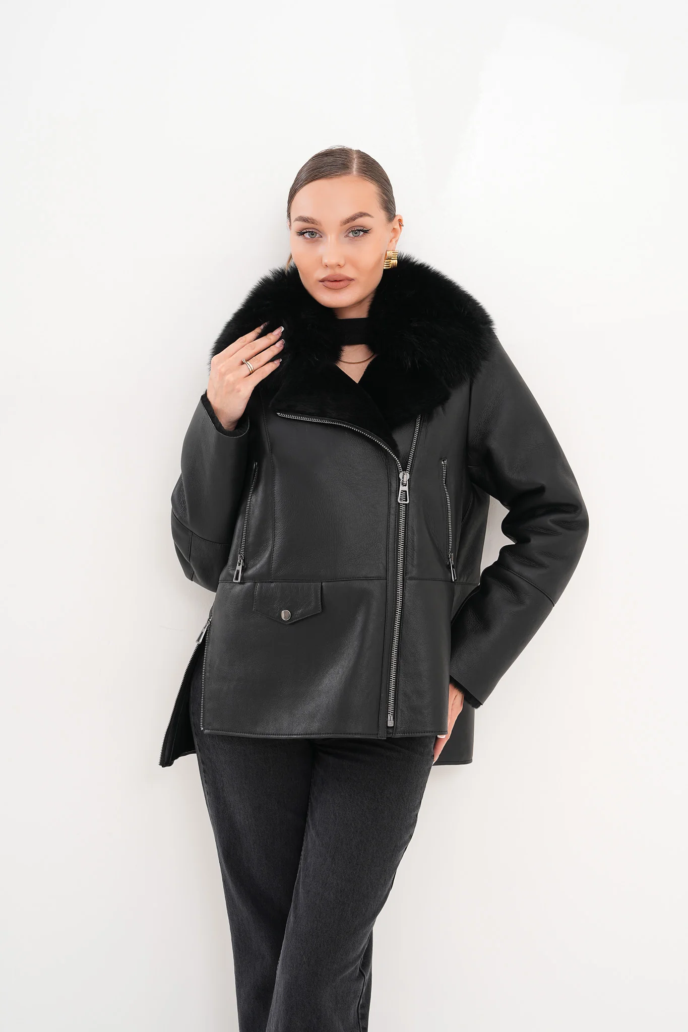 The Duchess Shearling Black Leather Women Jacket - Image 7