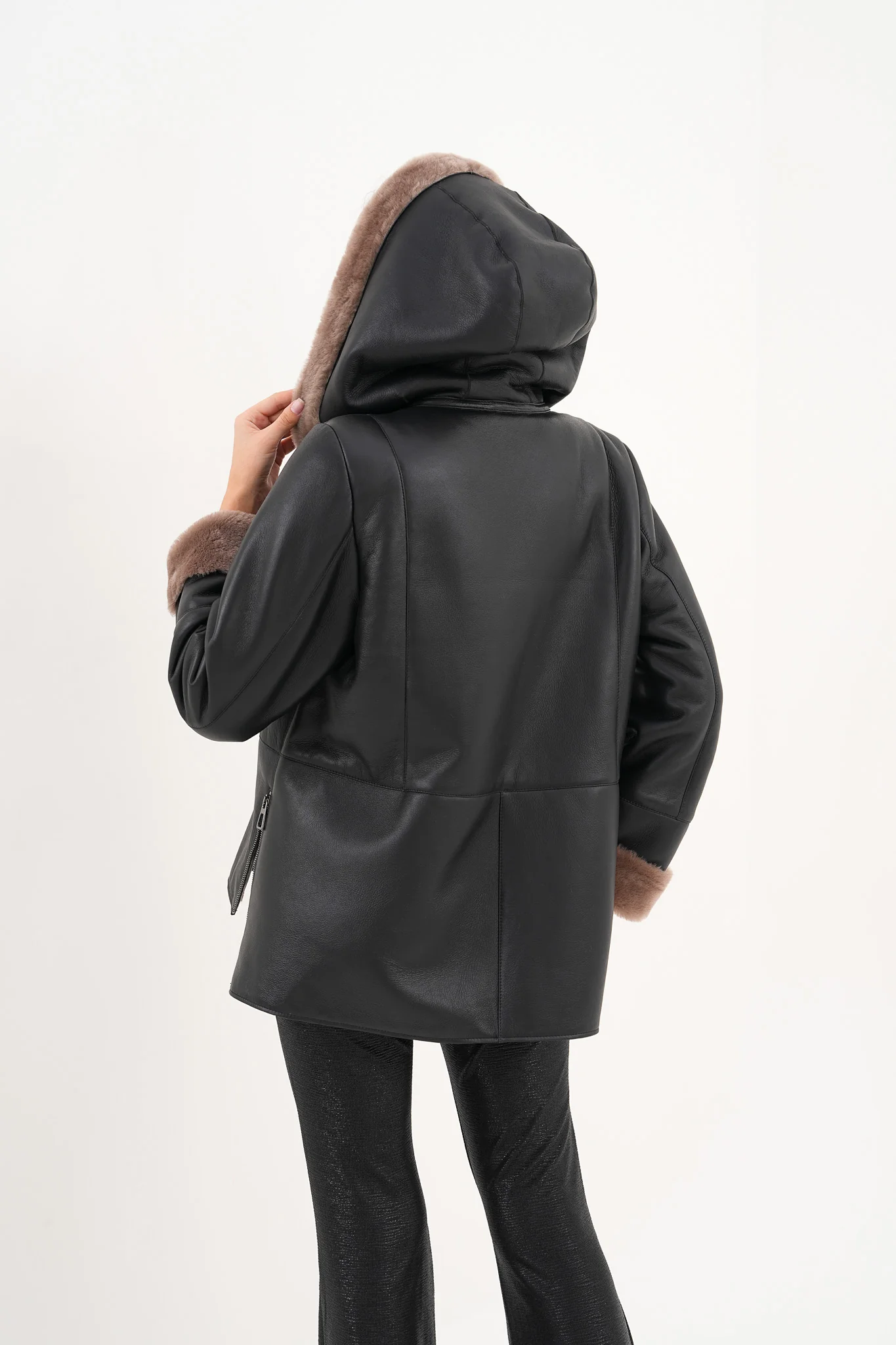 The Duchess Shearling Brown Leather Women Hooded Jacket - Image 4