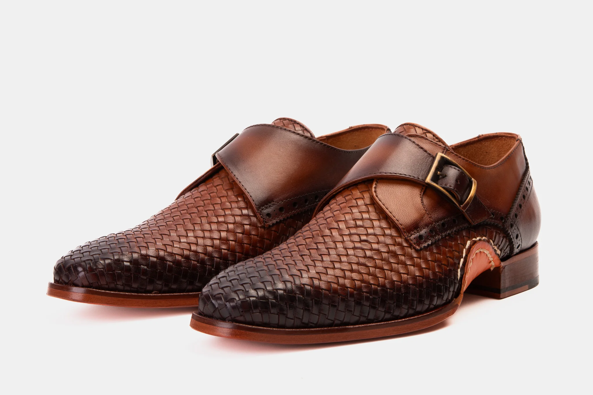 The Rolls Woven Tan Leather Single Monk Strap Handmade Men Shoe - Image 10