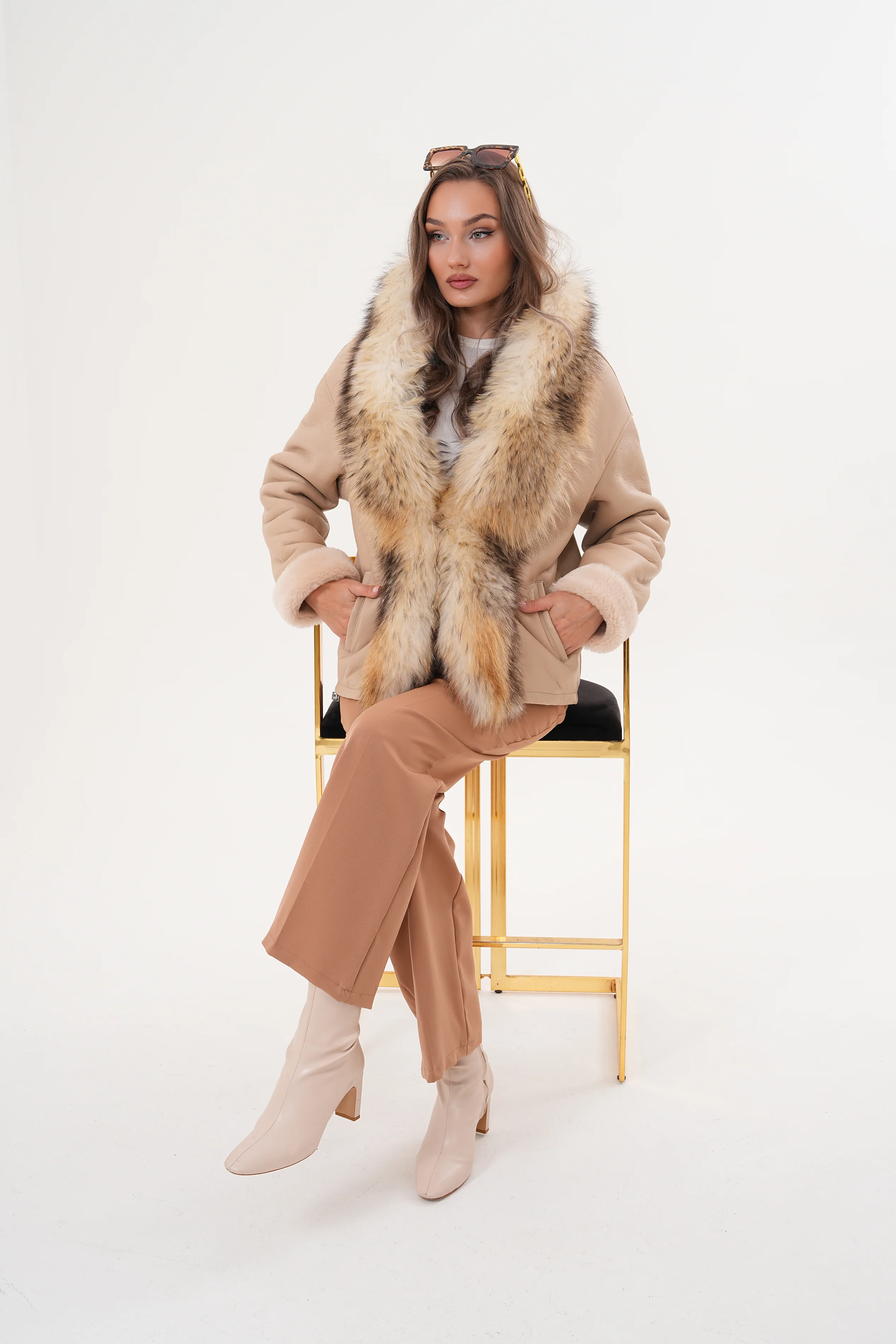 The Elise Beige Shearling Leather Women Jacket - Image 11