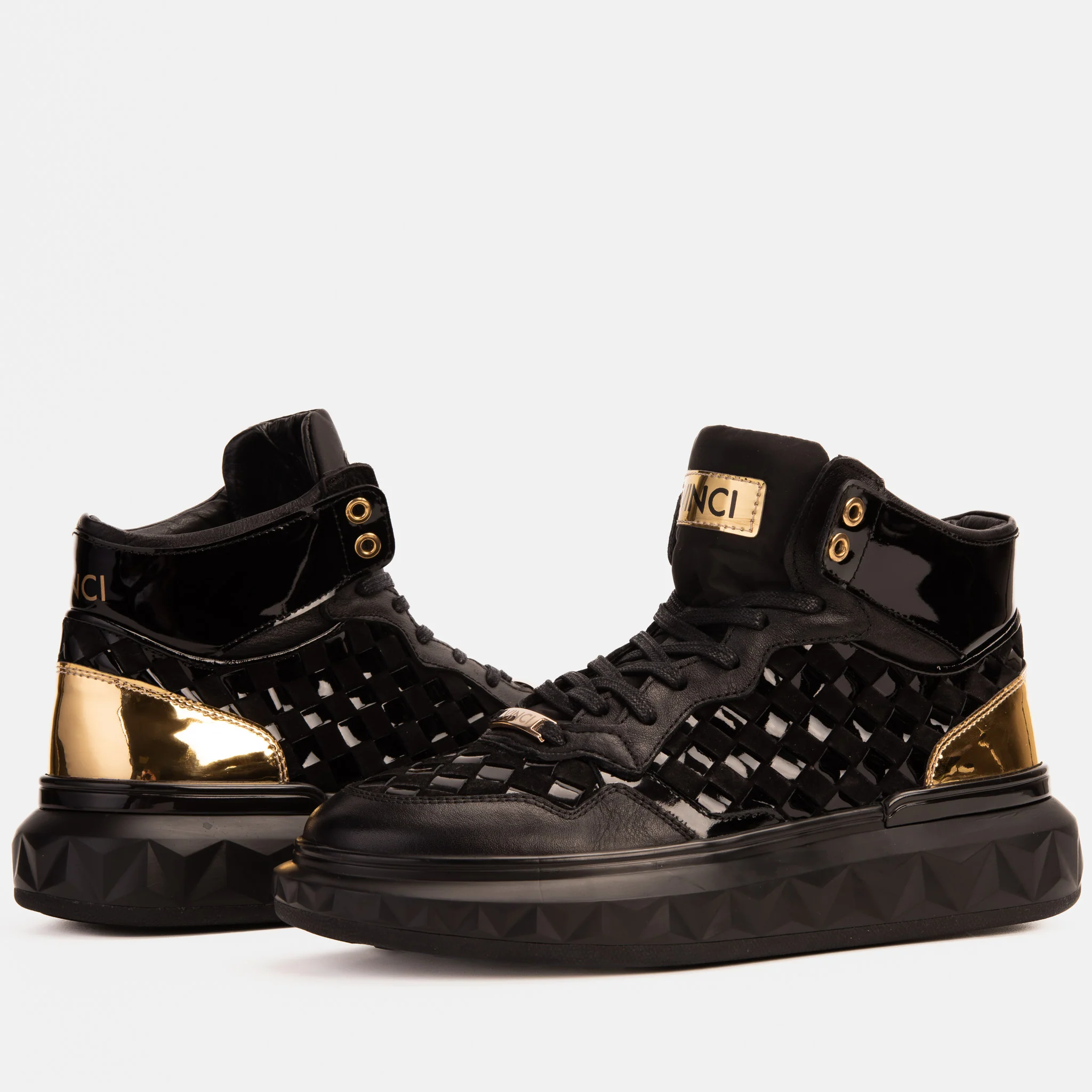 The Eugene Black & Gold Woven Leather High-Top Men Sneaker - Image 3