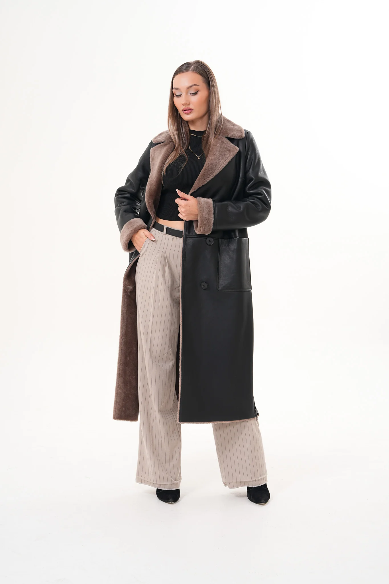The Florence Long Shearling Black Leather Women Jacket - Image 4