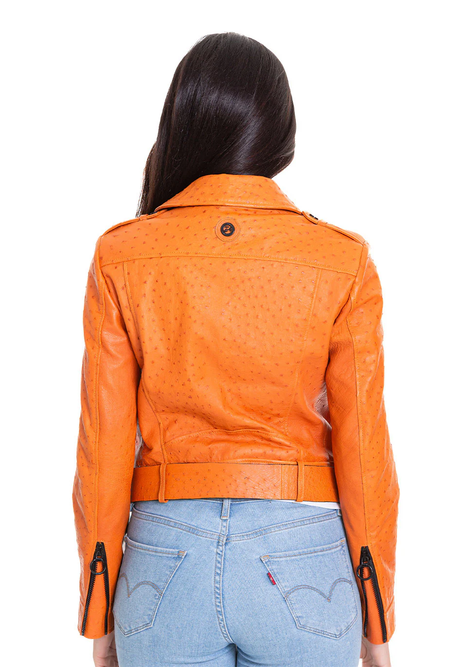 The Martos Orange Ostrich Leather Women Jacket - Image 4
