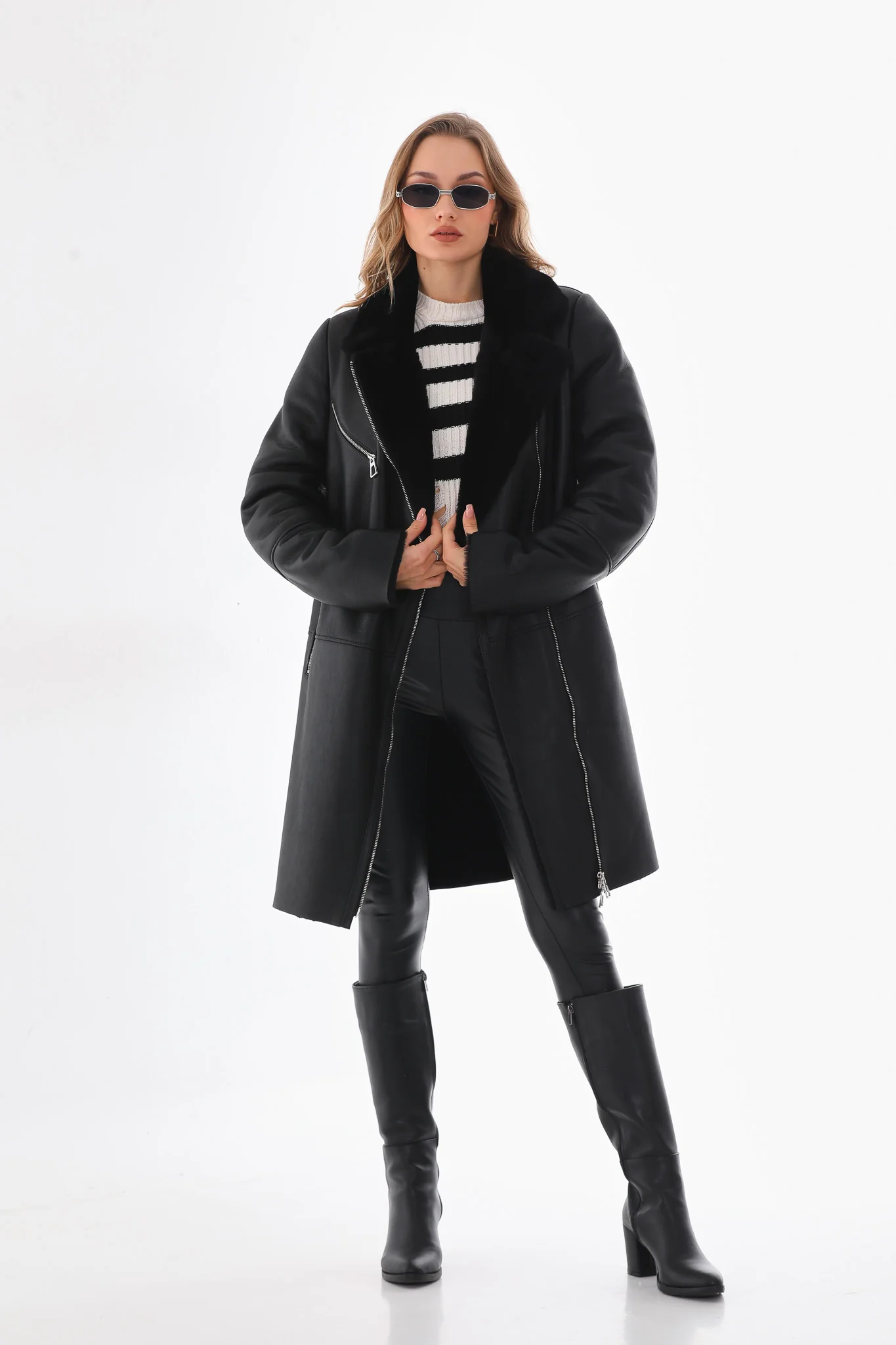 The Onyx Black Shearling & Fox Fur Leather Women Jacket - Image 7