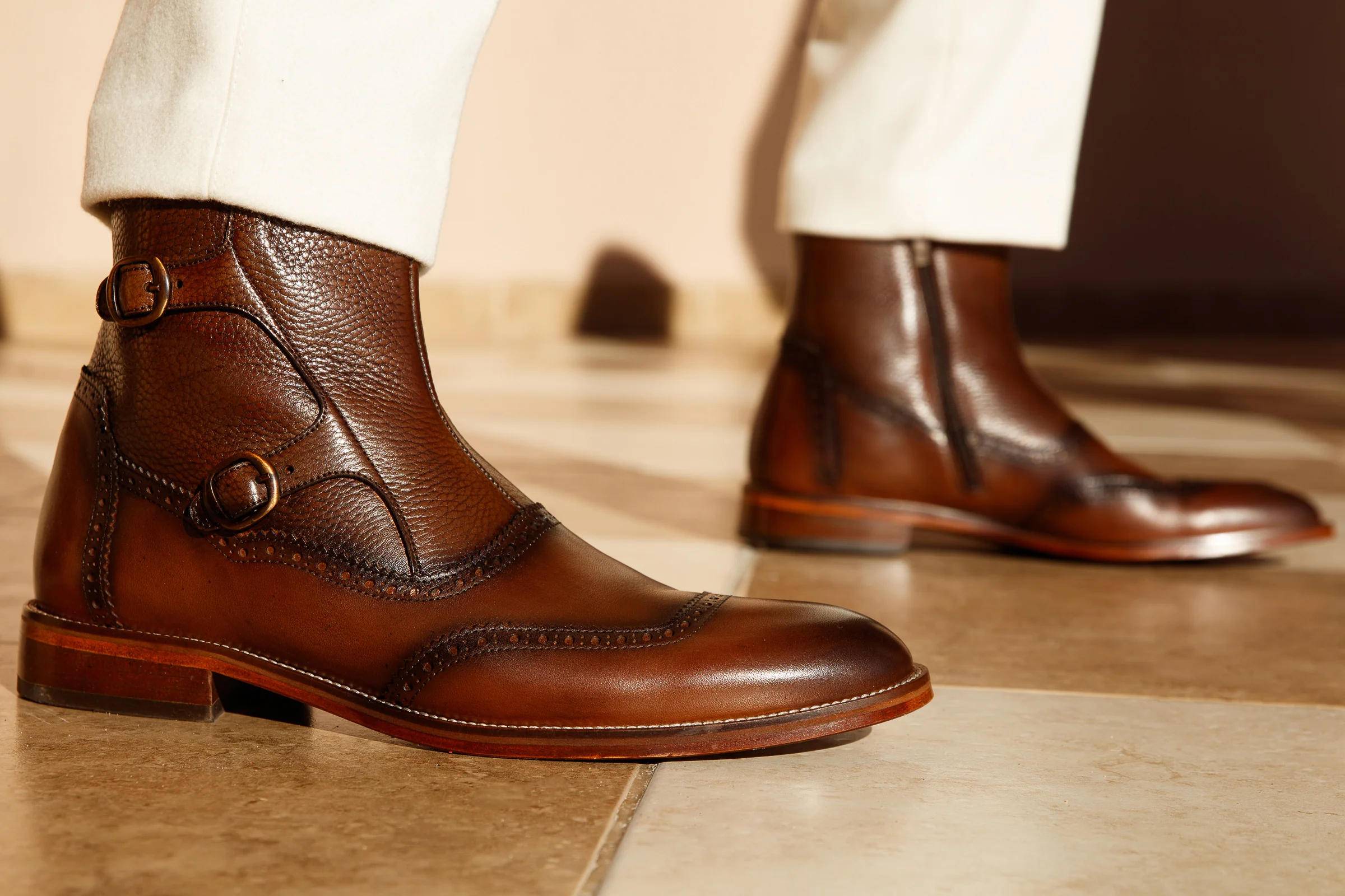 The Rand Brown Leather Double Buckle Brogue Men Boot with a Zipper - Image 6