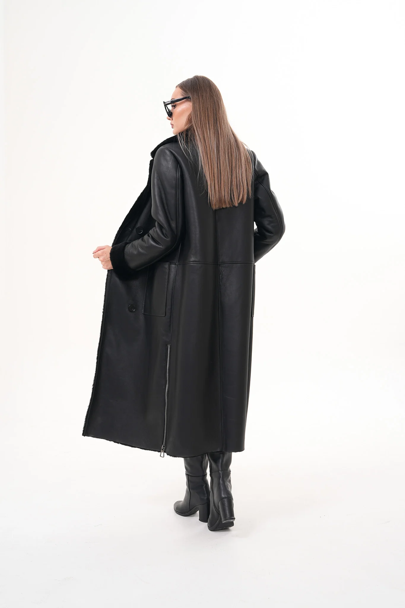 The Raven Long Shearling Black Leather Women Leather Jacket - Image 7