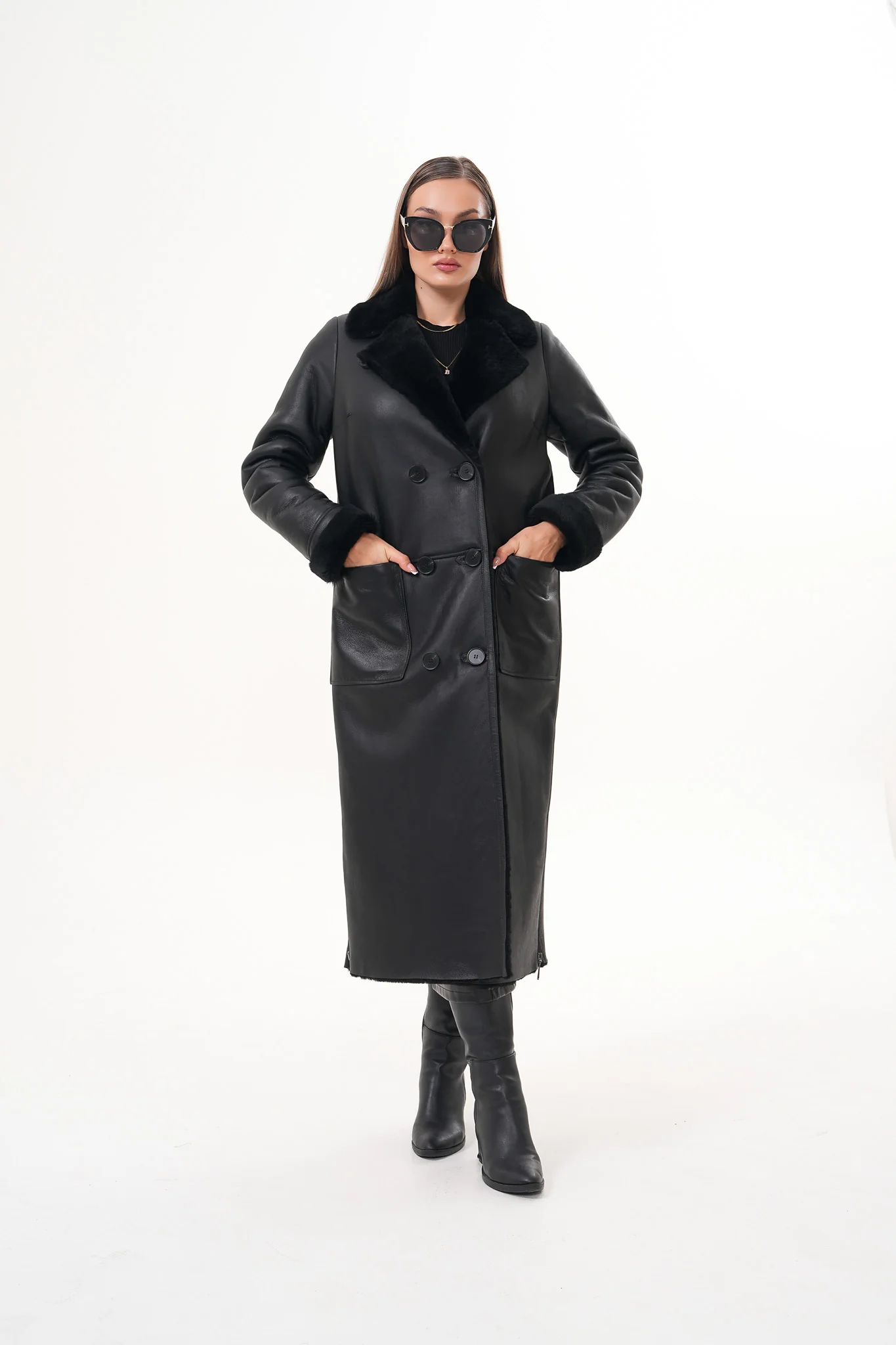 The Raven Long Shearling Black Leather Women Leather Jacket - Image 9