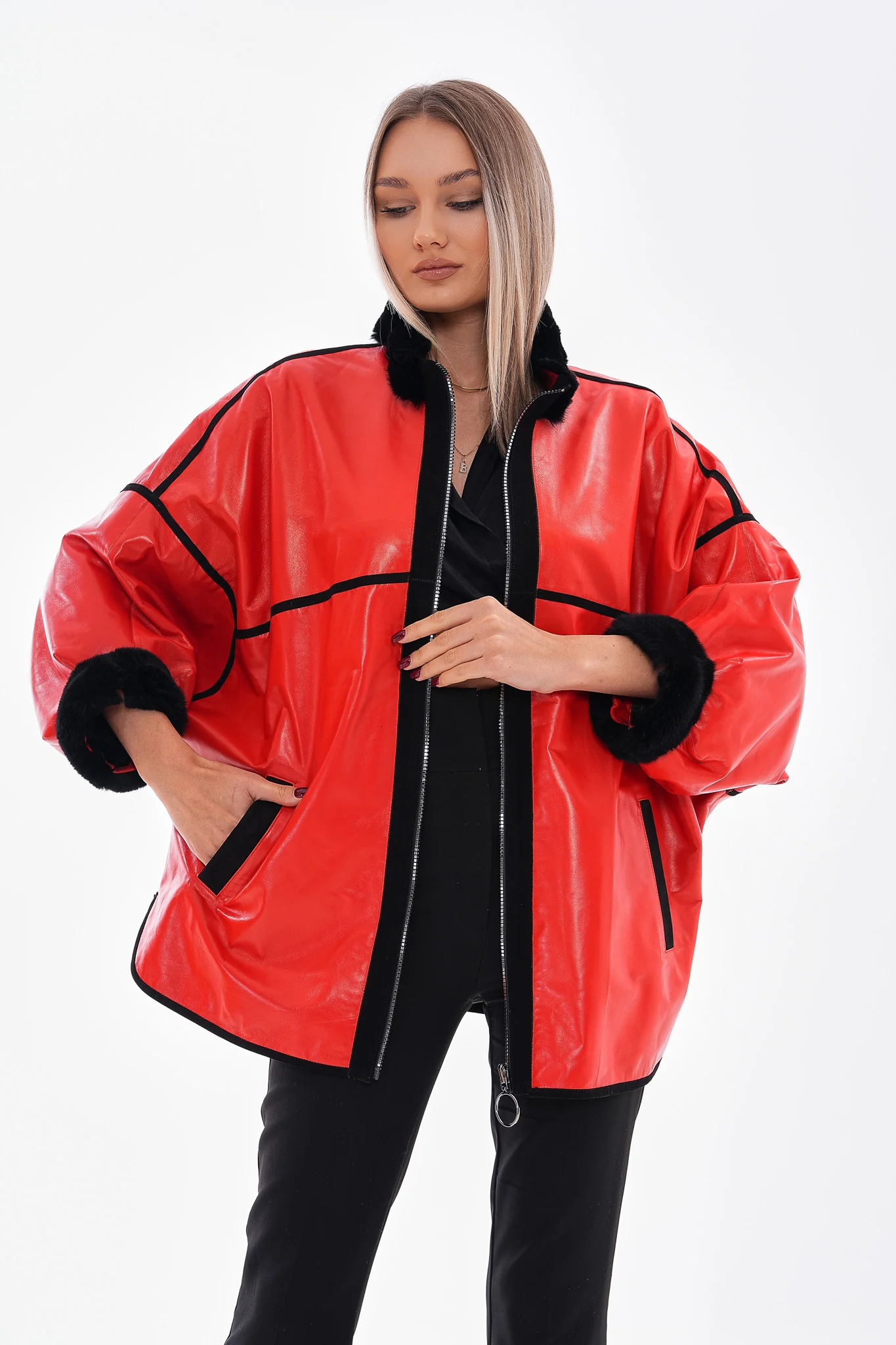 The Rebel Reversible Shearling Red Leather Women Jacket - Image 9
