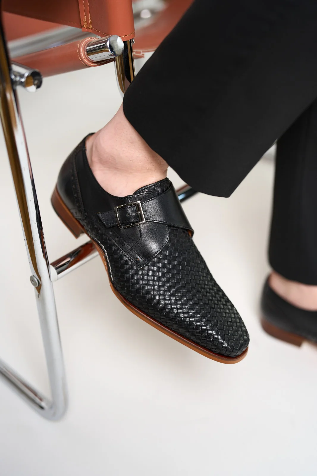 The Rolls Woven Black Leather Single Monk Strap Handmade Men Shoe - Image 12