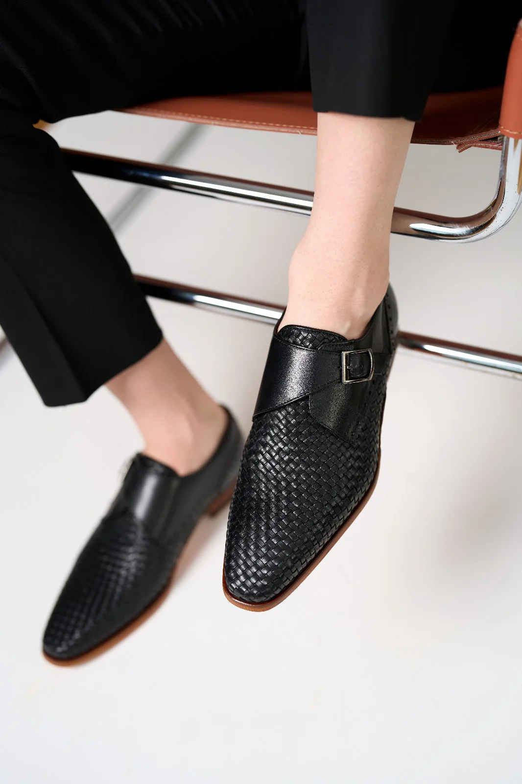 The Rolls Woven Black Leather Single Monk Strap Handmade Men Shoe - Image 17