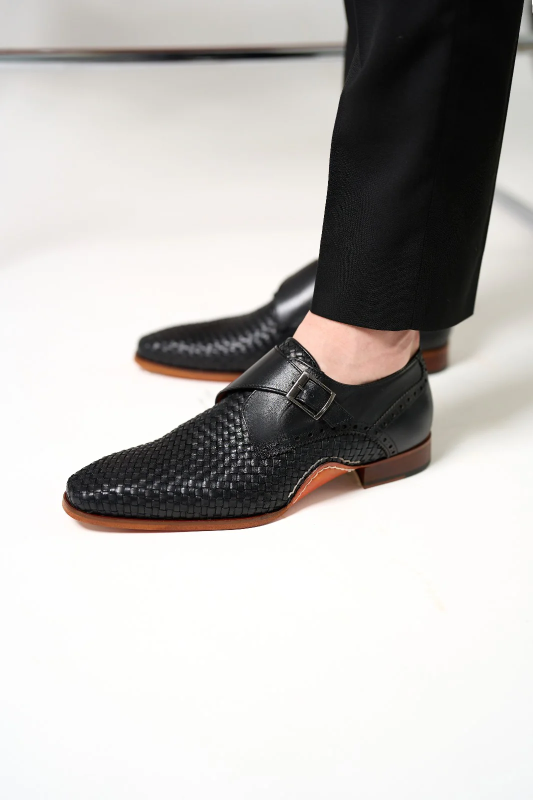 The Rolls Woven Black Leather Single Monk Strap Handmade Men Shoe - Image 8
