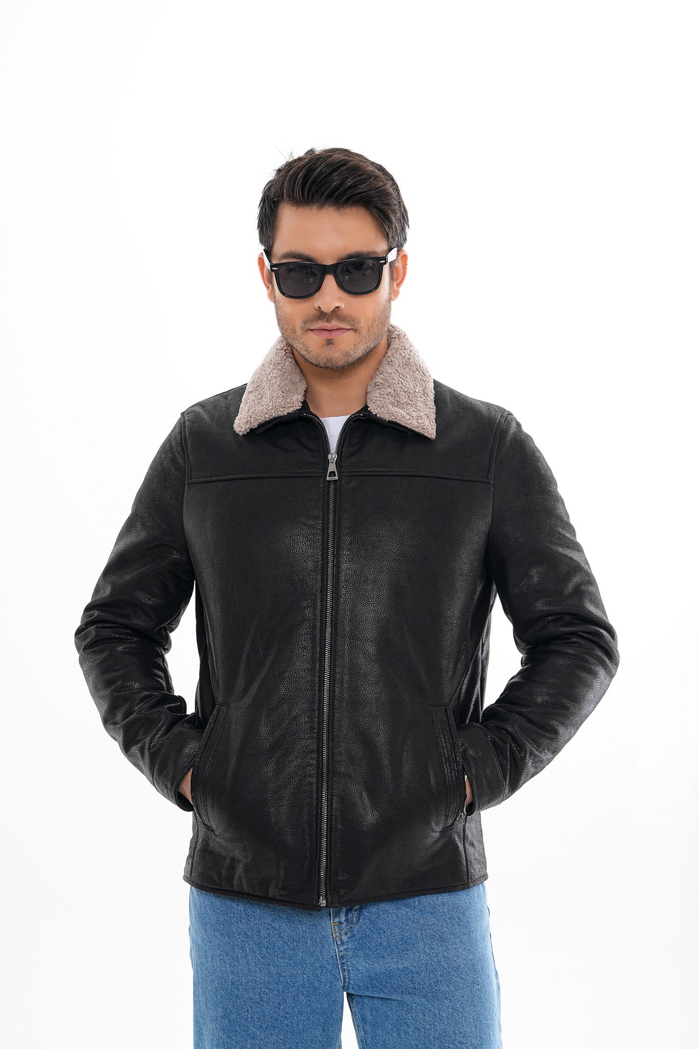 The Sarnico Black Shearling Collar Leather Jacket - Image 2