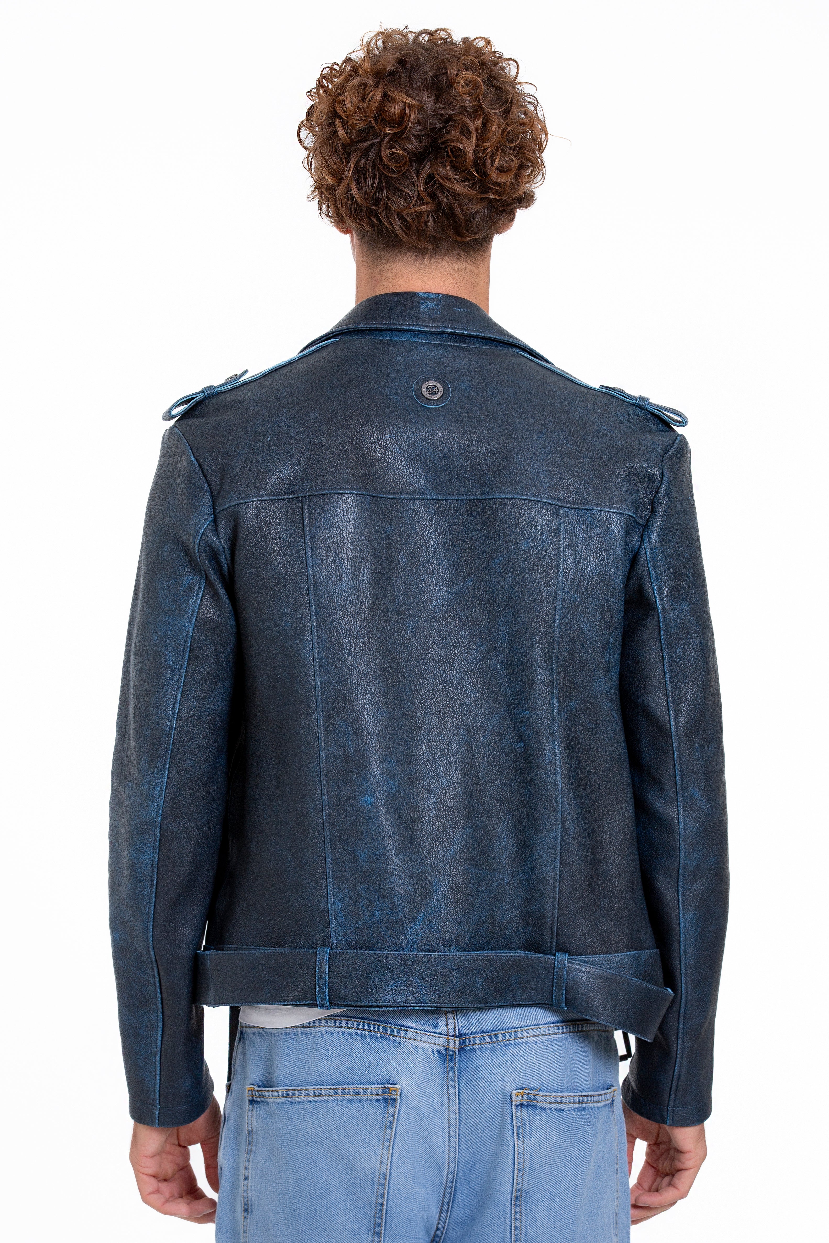 The Shanghai Blue Aged Leather Biker Men Jacket - Image 3