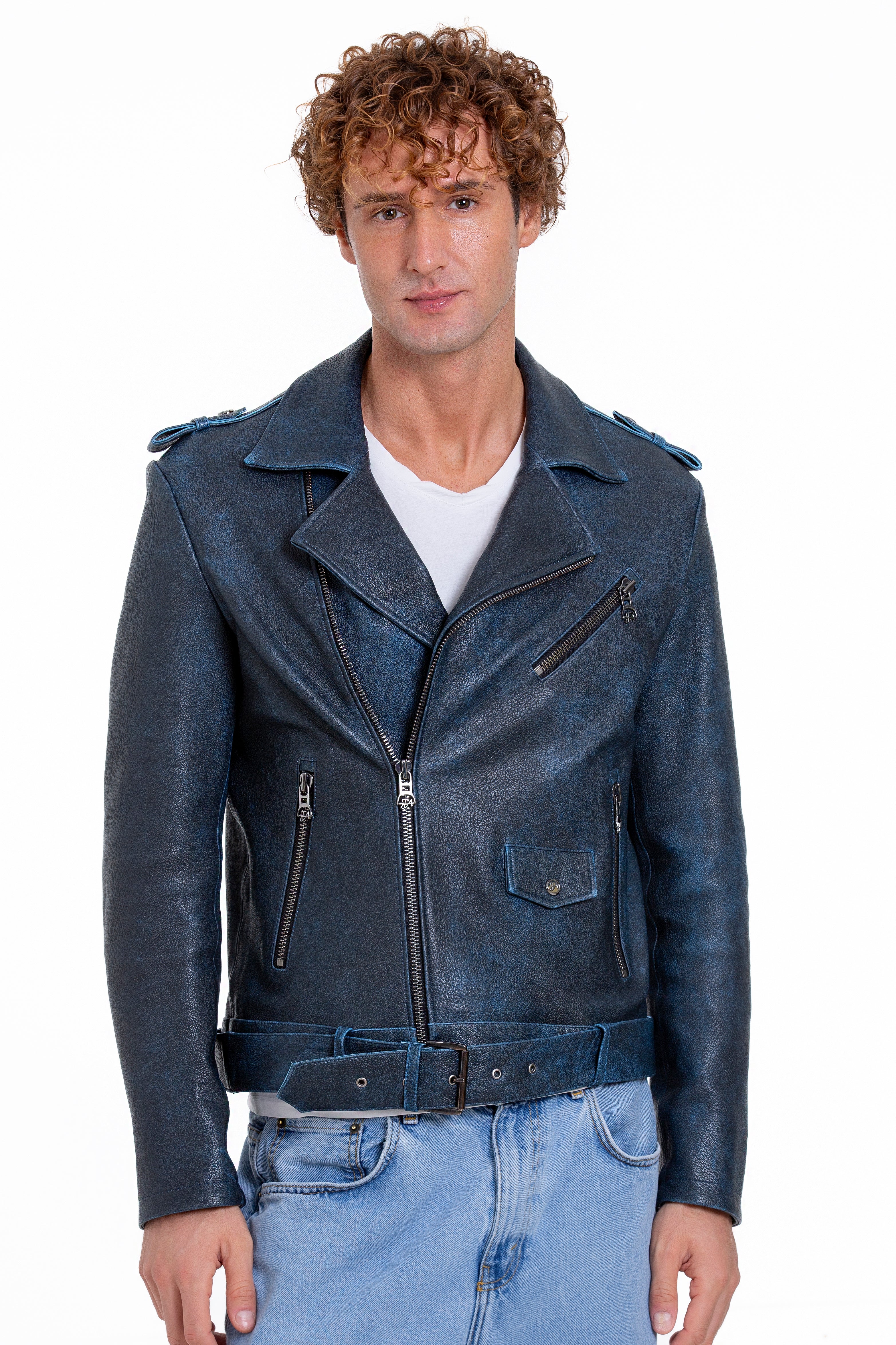 The Shanghai Blue Aged Leather Biker Men Jacket - Image 5
