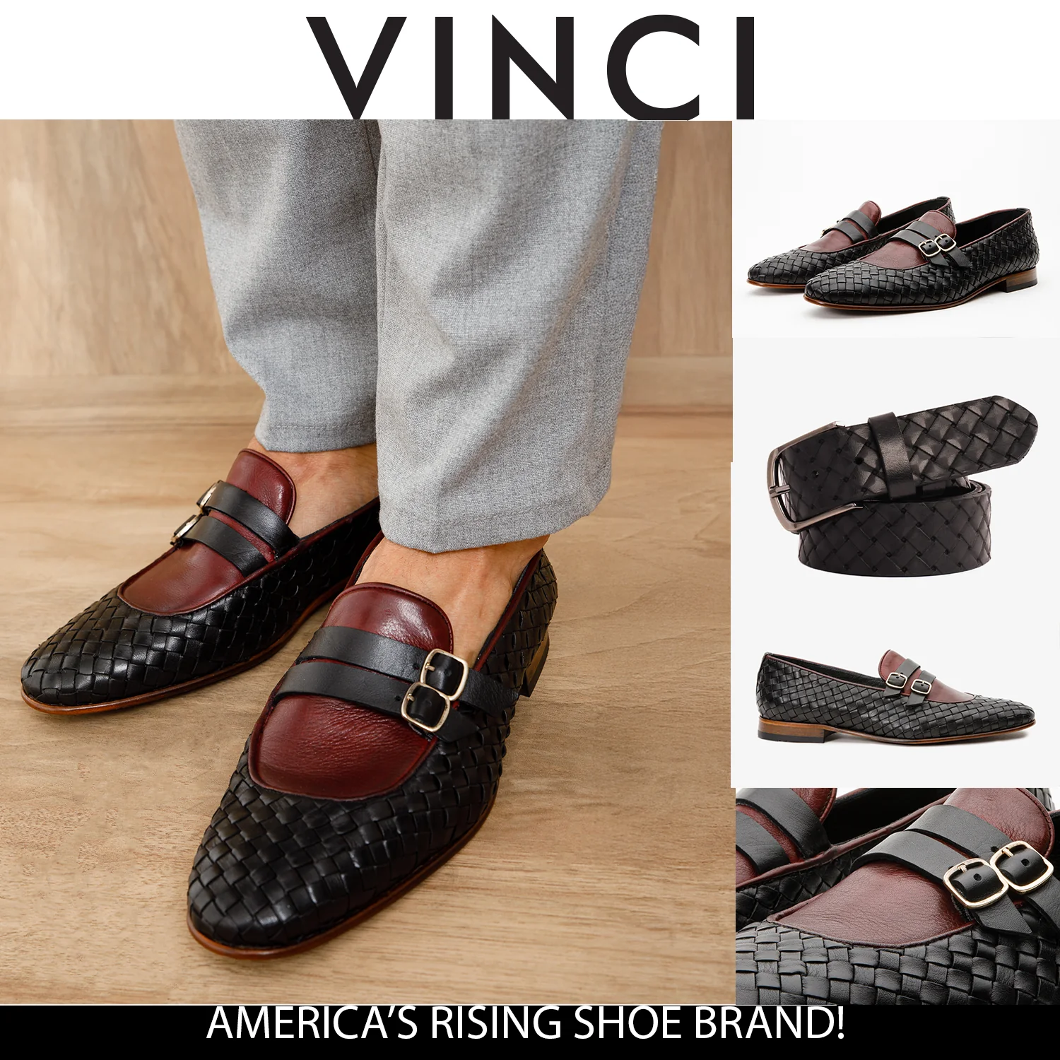 The Vatra Black & Burgundy Woven Double Monk Strap Men Shoe - Image 4