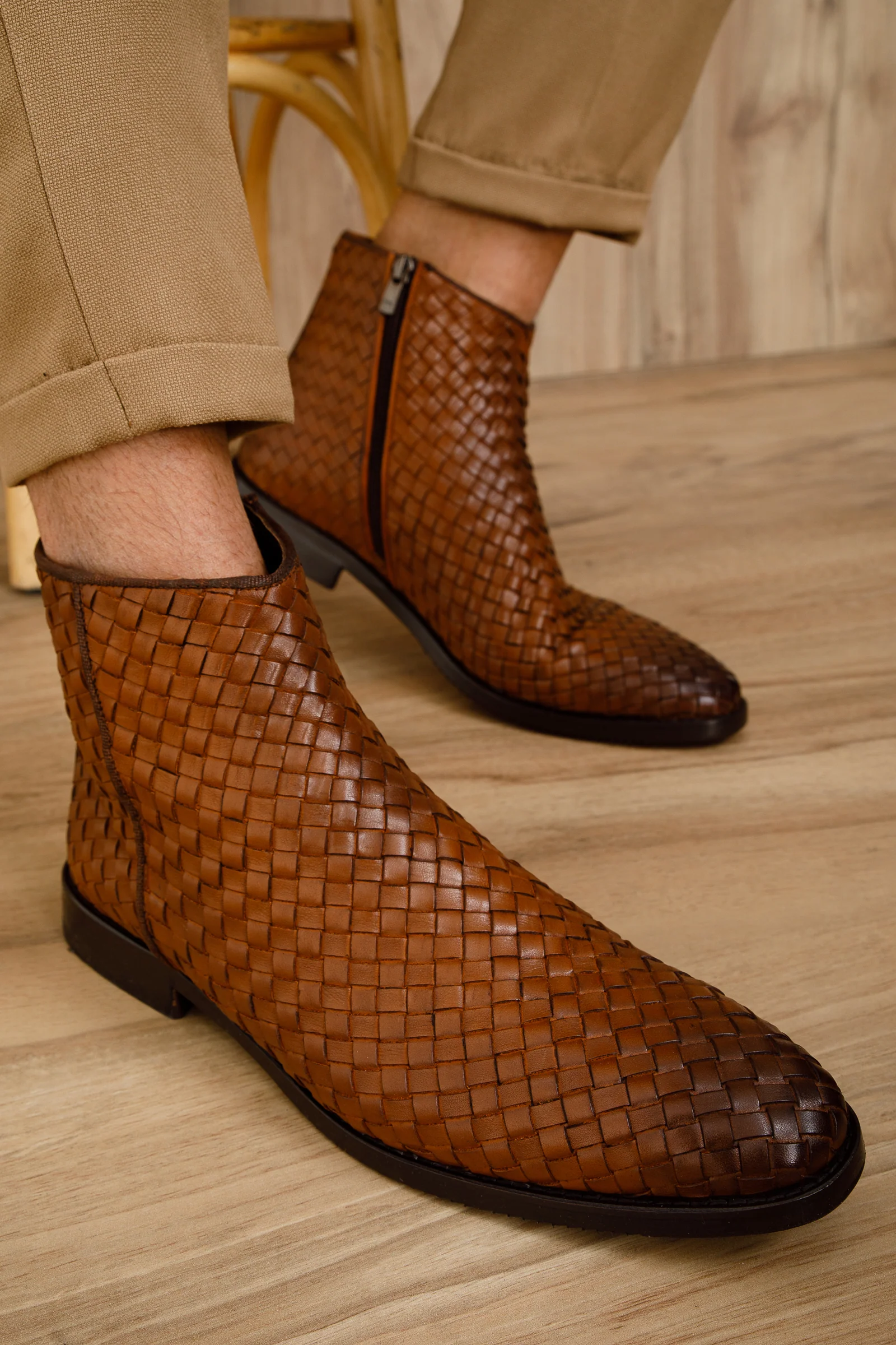 The Wellington Tan Handwoven Leather Men Boot with a Zipper Final Sale! - Image 5