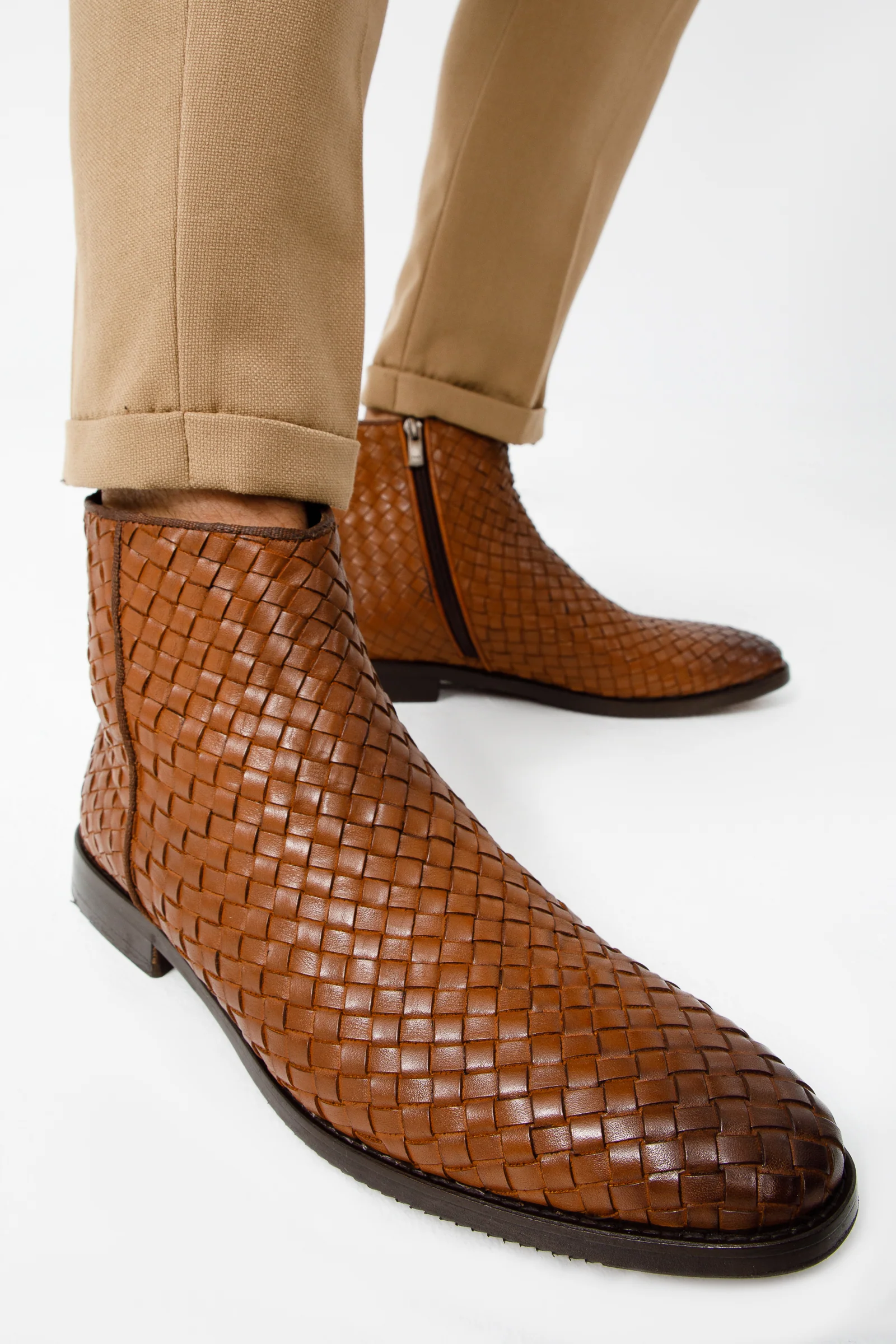 The Wellington Tan Handwoven Leather Men Boot with a Zipper Final Sale! - Image 8