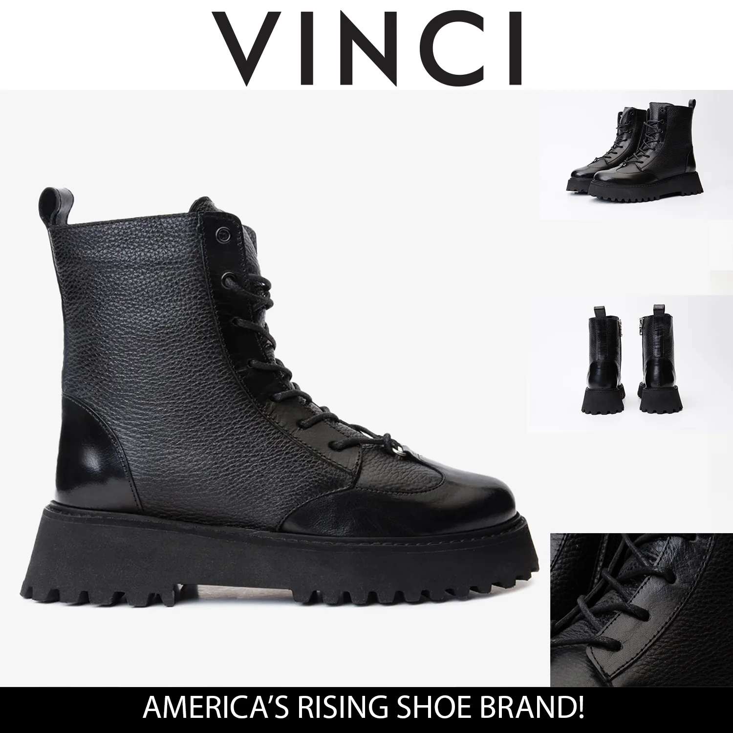 The Yildiz Black Leather Lace-Up Ankle Women  Boot With a Side Zipper - Image 6