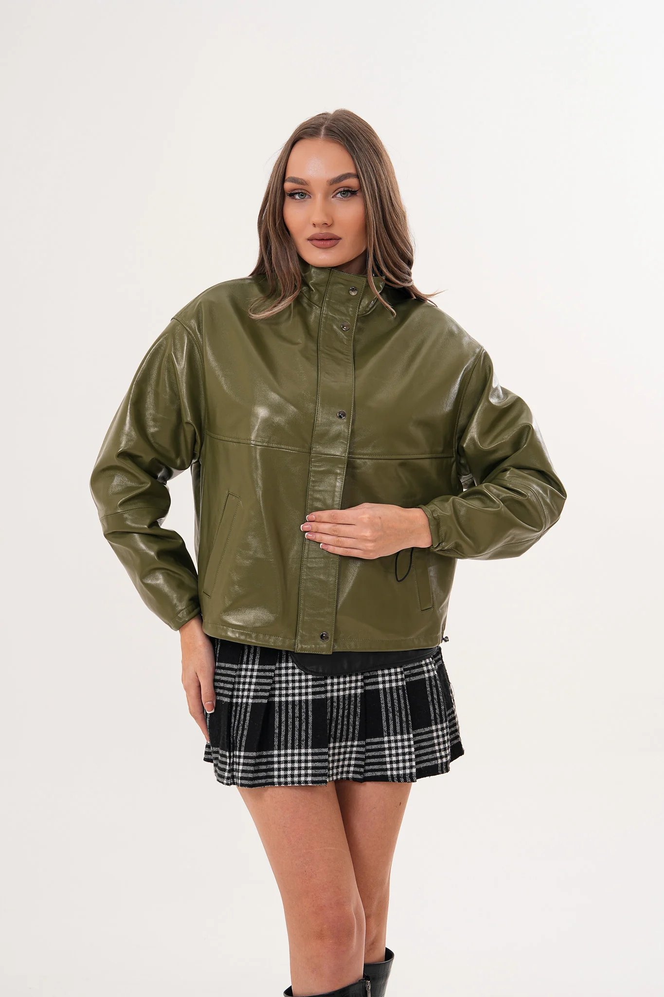 The Kireya Olive Green Genuine Leather Women Jacket - Image 17