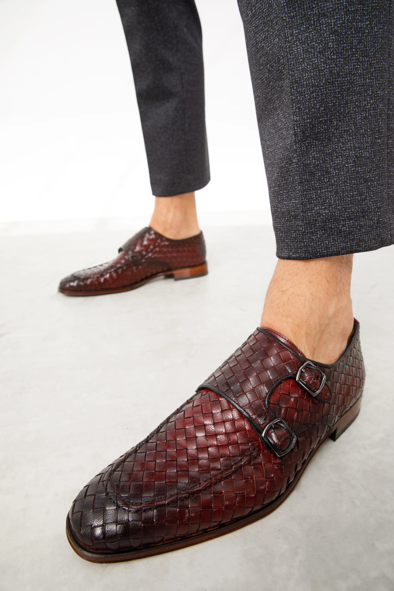 The Turan Burgundy Woven Double Monk Strap Dress Men Shoe - Image 11